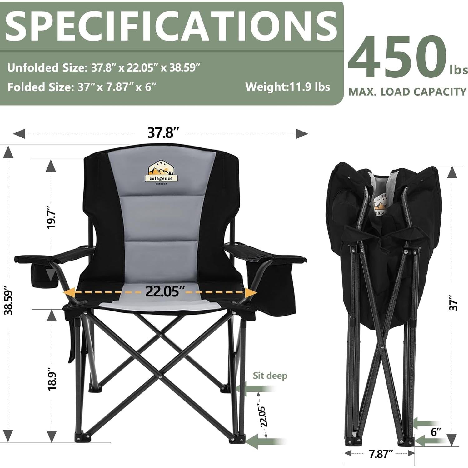 Oversized Camping Chairs 2 Pack - 450lbs Support Heavy Duty Folding Camp Chair Wide Portable Outside Collapsible Chairs with Carry Bag,Cooler,Cup Holder for Outdoor,Lawn,Sports,Baseball,Soccer-Black