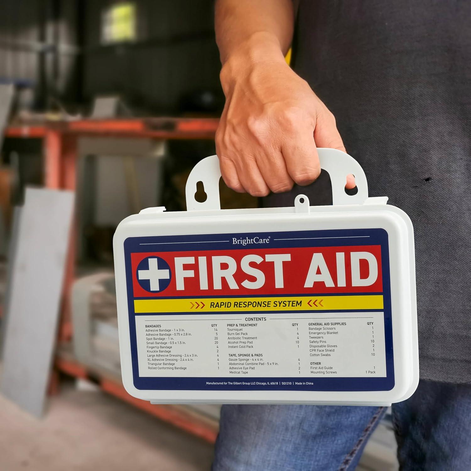 First Aid Kit - Wall Mount Back Option, 130 Pieces, Durable Hard Case with Carrying Handle - First Aid Kit for Office, Home, School, Car, Hiking, Camping – by BrightCare