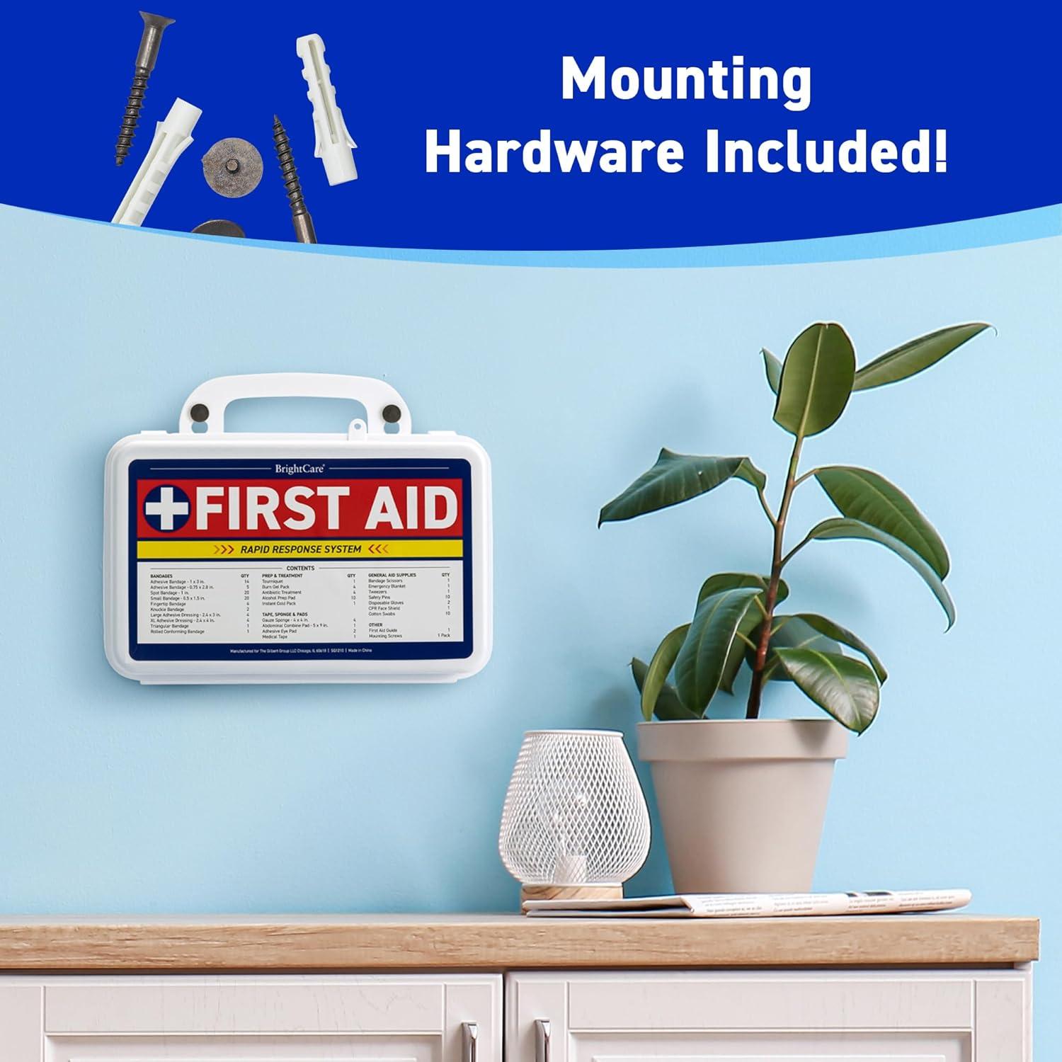 First Aid Kit - Wall Mount Back Option, 130 Pieces, Durable Hard Case with Carrying Handle - First Aid Kit for Office, Home, School, Car, Hiking, Camping – by BrightCare
