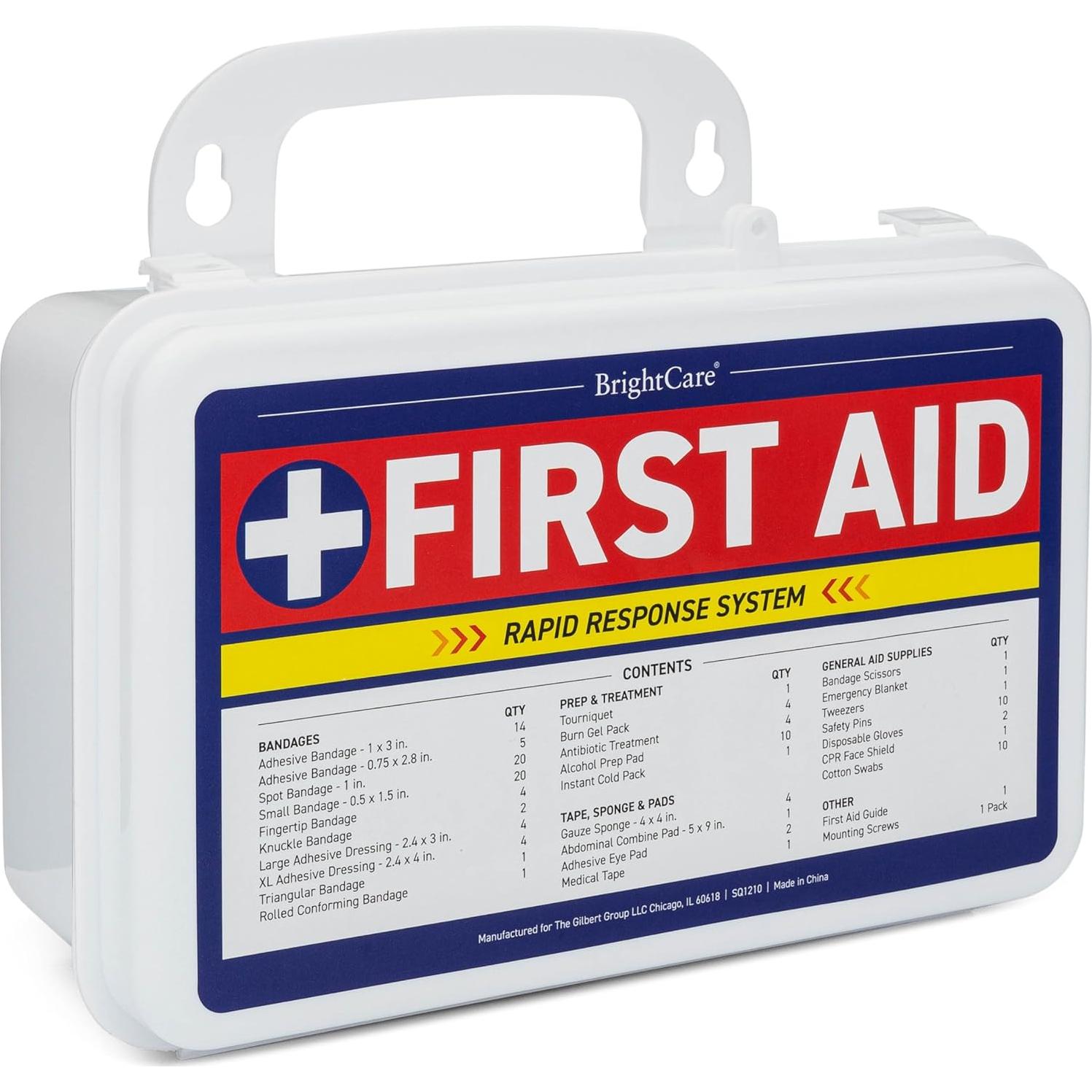 First Aid Kit - Wall Mount Back Option, 130 Pieces, Durable Hard Case with Carrying Handle - First Aid Kit for Office, Home, School, Car, Hiking, Camping – by BrightCare