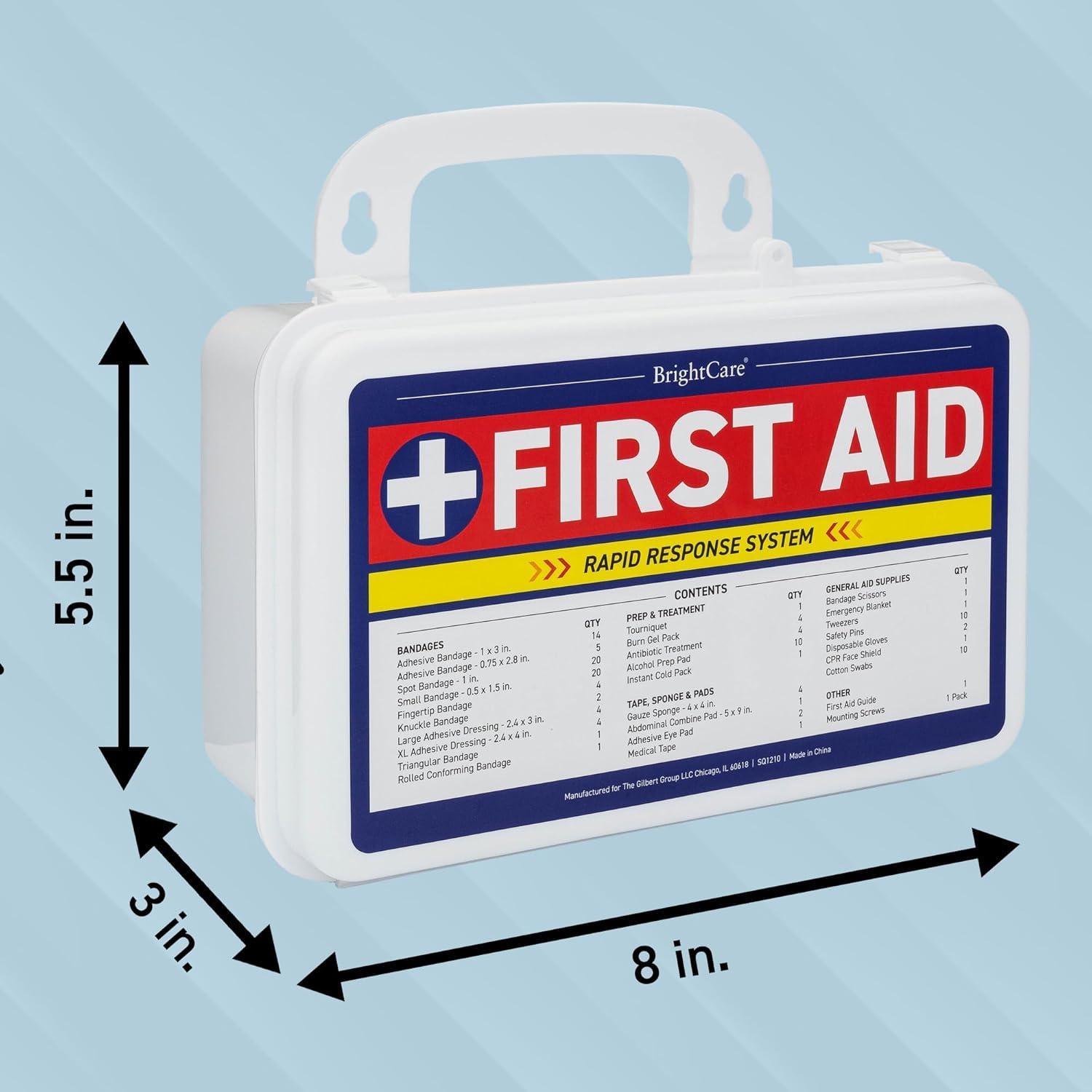 First Aid Kit - Wall Mount Back Option, 130 Pieces, Durable Hard Case with Carrying Handle - First Aid Kit for Office, Home, School, Car, Hiking, Camping – by BrightCare