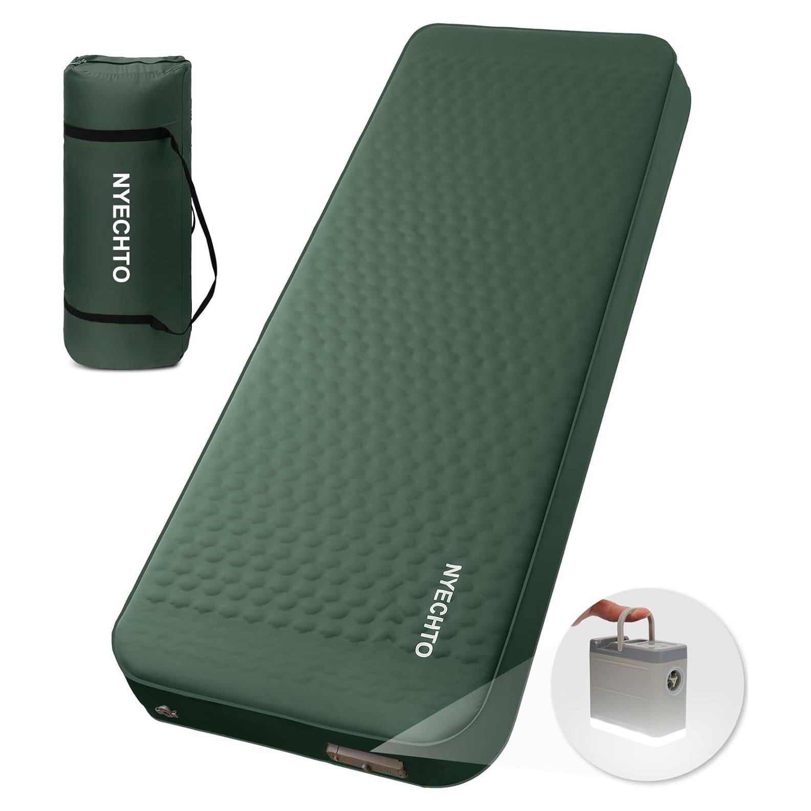 Self Inflating Sleeping Pad with Electric Pump, 4" Thick Ultralight Memory Foam Camping Mattress, Telescopic & Compact, Fast Inflate Insulated Camping Air Mats for Car Travel/Tent/Cot,Green