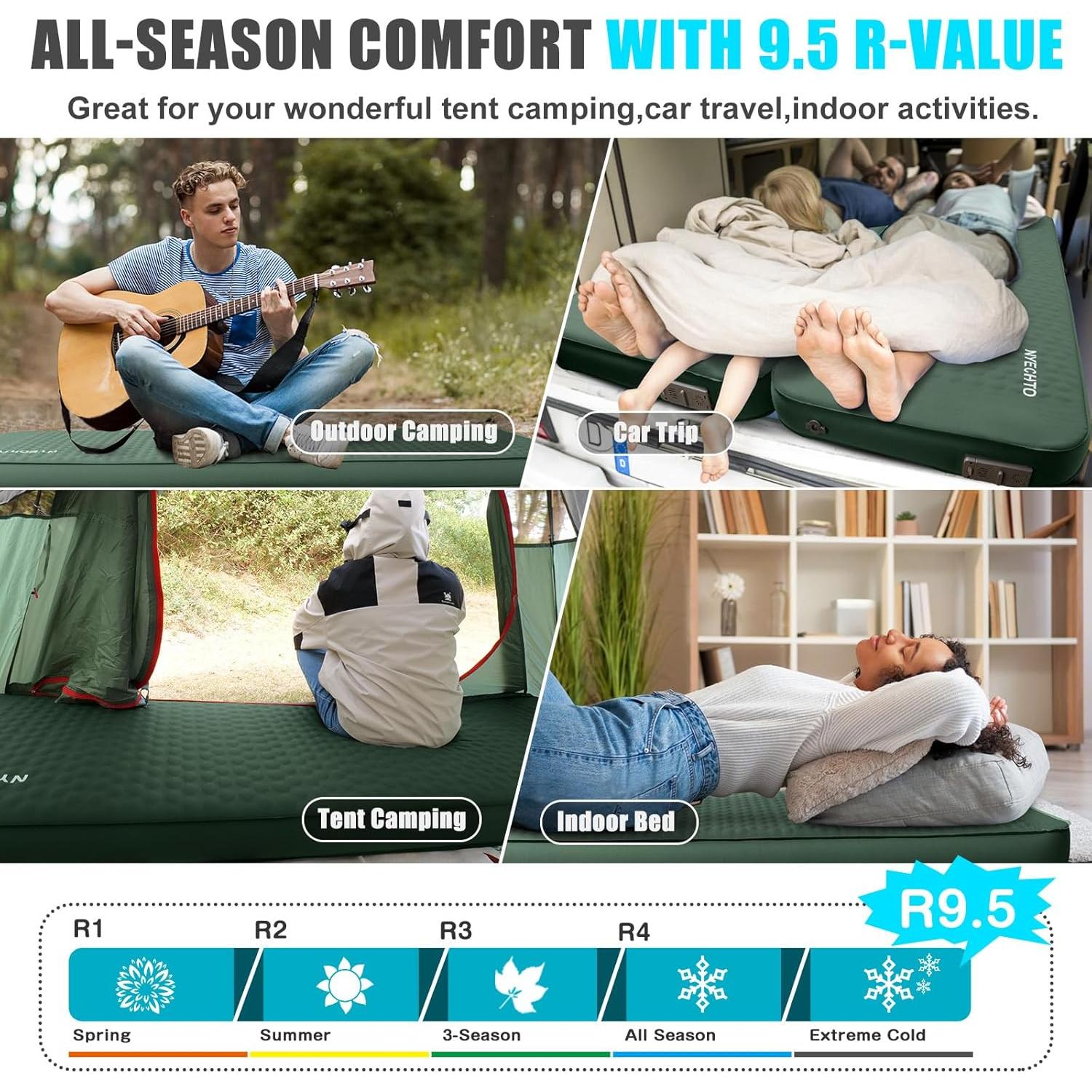 Self Inflating Sleeping Pad with Electric Pump, 4" Thick Ultralight Memory Foam Camping Mattress, Telescopic & Compact, Fast Inflate Insulated Camping Air Mats for Car Travel/Tent/Cot,Green