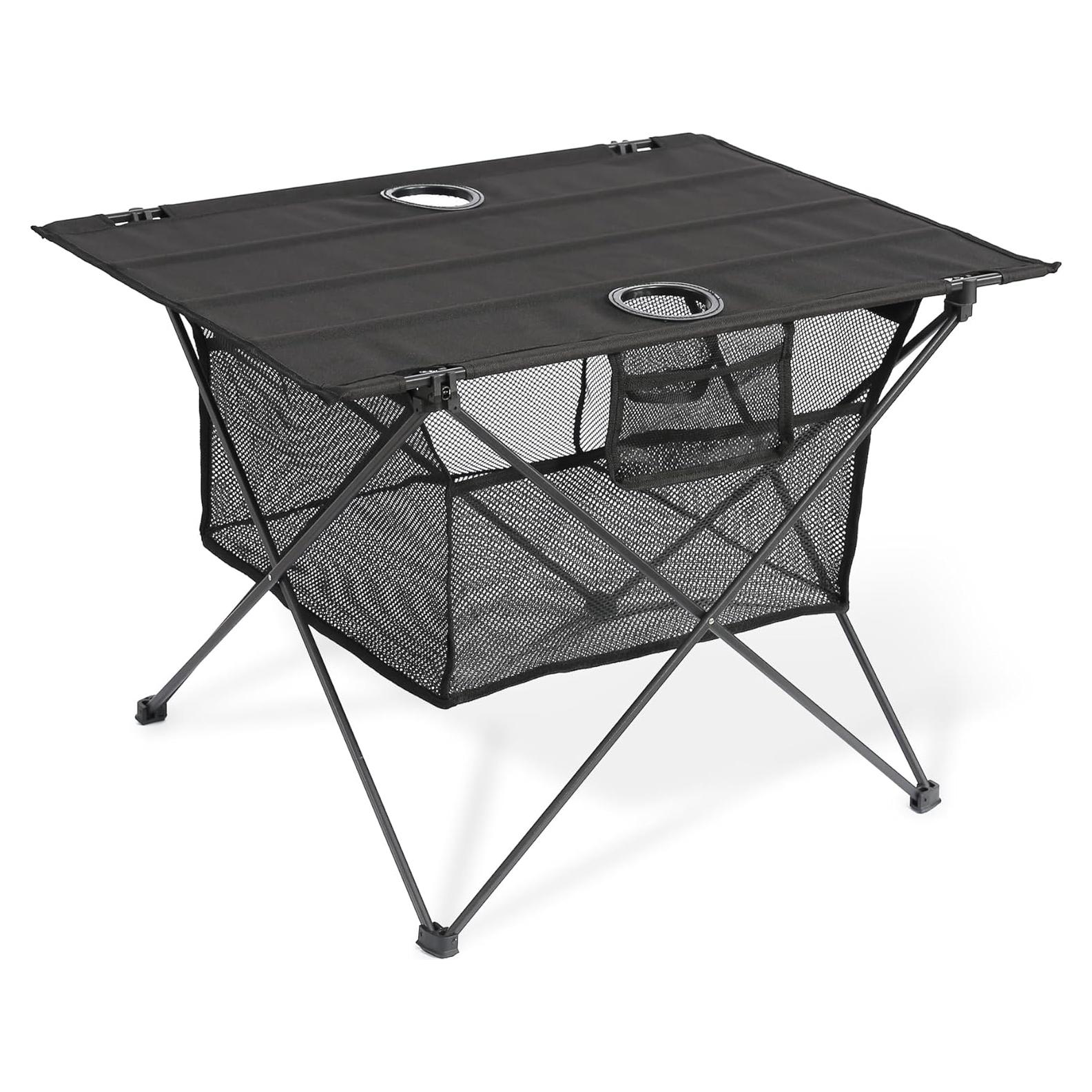 Lightweight Portable Camping Table - Fold Up Beach Side Table with 2 Drink Holders, Collapsible & Compact for Fishing Outdoor Picnic, Large Storage Basket, 29.2" W x 21.7" D (Black)