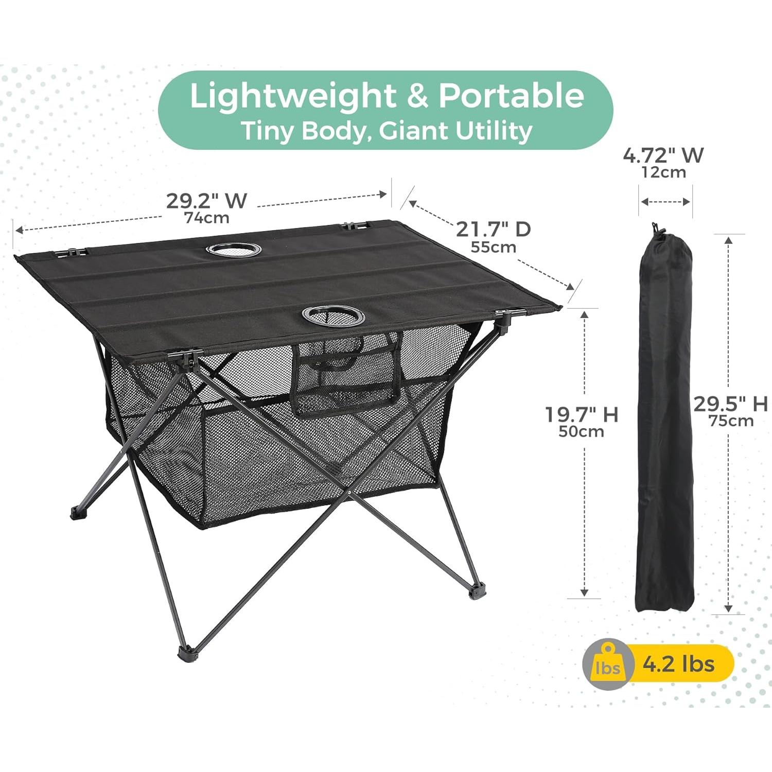 Lightweight Portable Camping Table - Fold Up Beach Side Table with 2 Drink Holders, Collapsible & Compact for Fishing Outdoor Picnic, Large Storage Basket, 29.2" W x 21.7" D (Black)