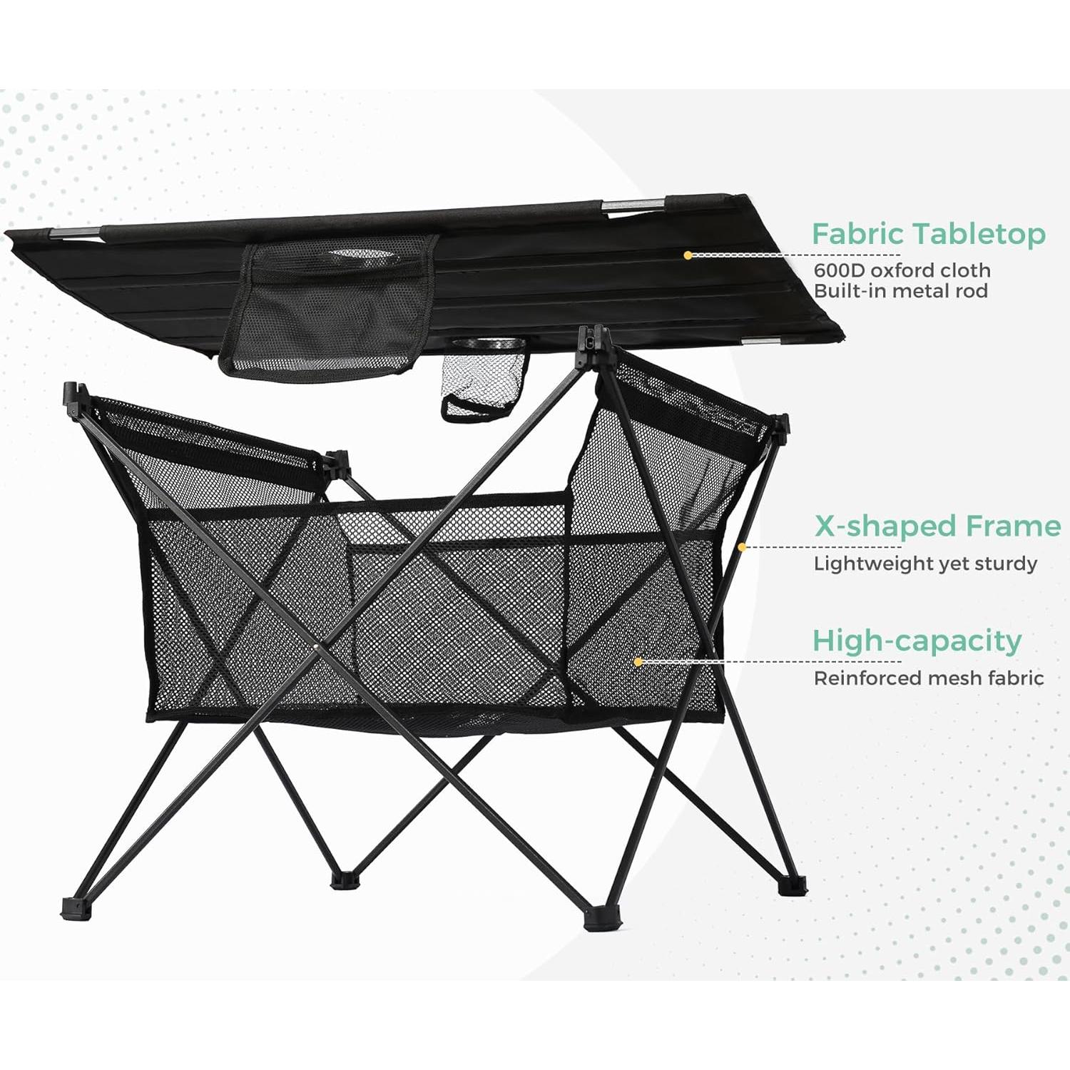 Lightweight Portable Camping Table - Fold Up Beach Side Table with 2 Drink Holders, Collapsible & Compact for Fishing Outdoor Picnic, Large Storage Basket, 29.2" W x 21.7" D (Black)