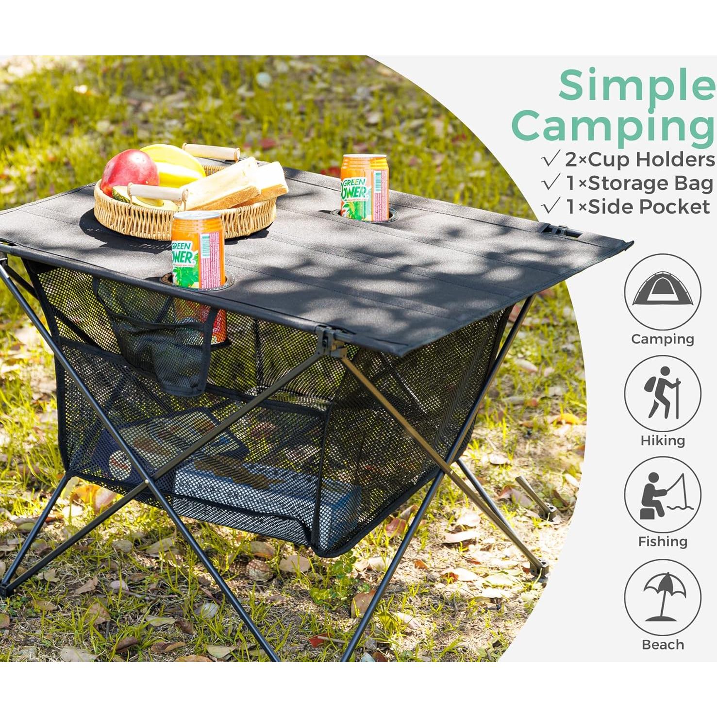 Lightweight Portable Camping Table - Fold Up Beach Side Table with 2 Drink Holders, Collapsible & Compact for Fishing Outdoor Picnic, Large Storage Basket, 29.2" W x 21.7" D (Black)