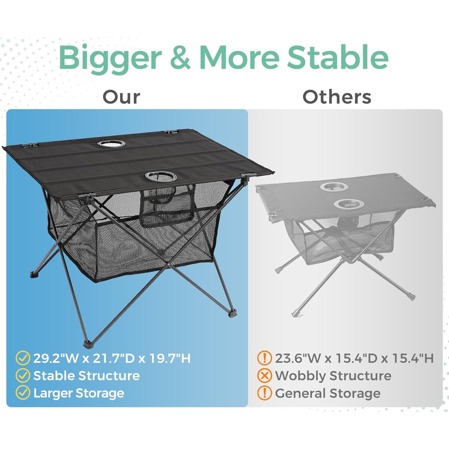 Lightweight Portable Camping Table - Fold Up Beach Side Table with 2 Drink Holders, Collapsible & Compact for Fishing Outdoor Picnic, Large Storage Basket, 29.2" W x 21.7" D (Black)