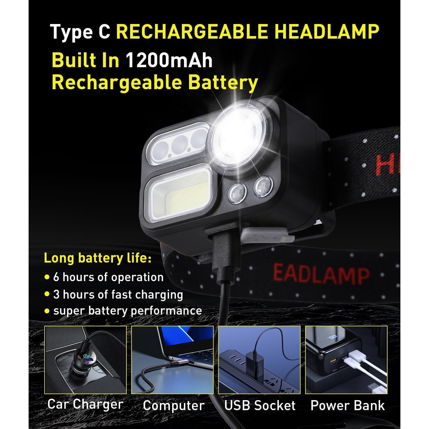 Linterna Frontal Recargable Arsatbs 1200 Lúmenes LED 14 Modos