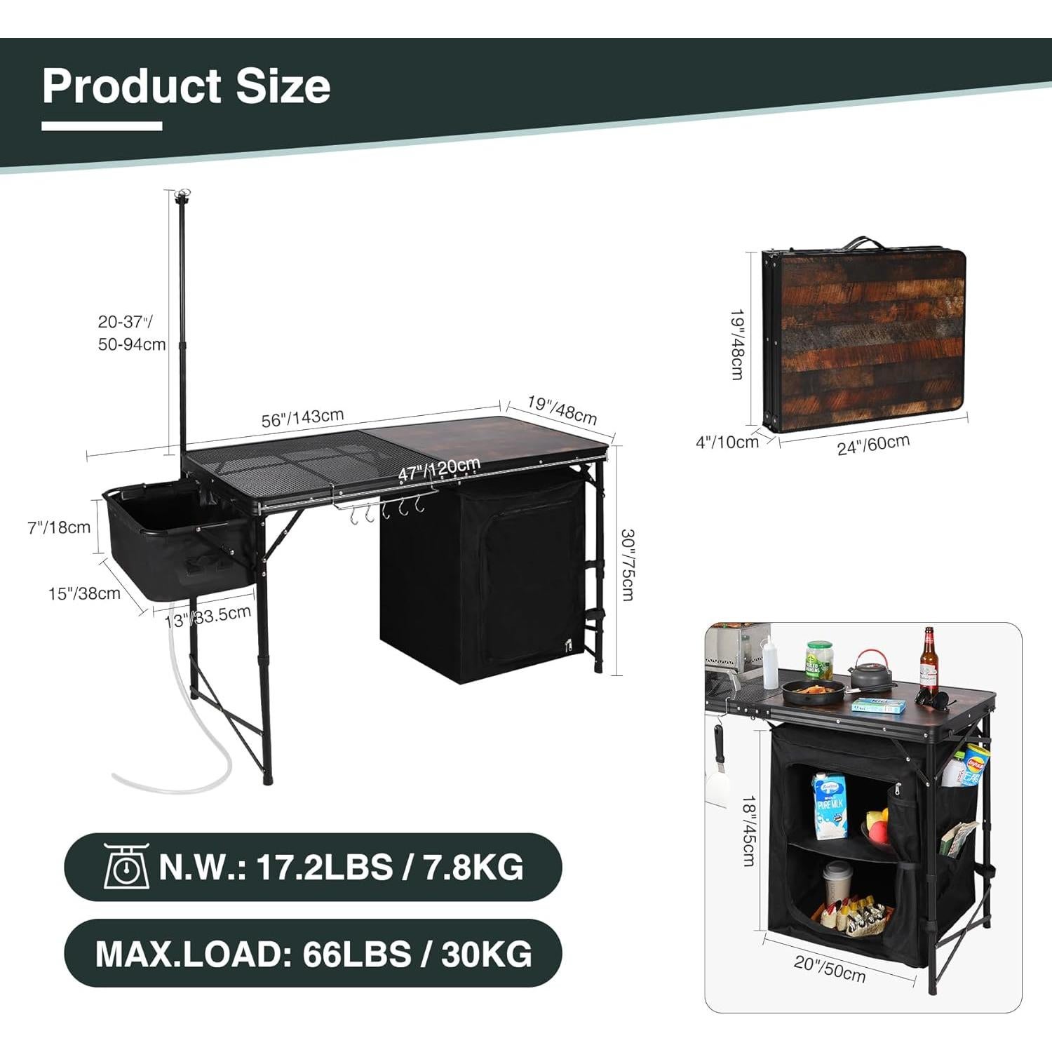 Mesa de Cocina Plegable REDCAMP con Fregadero 48x19x76cm