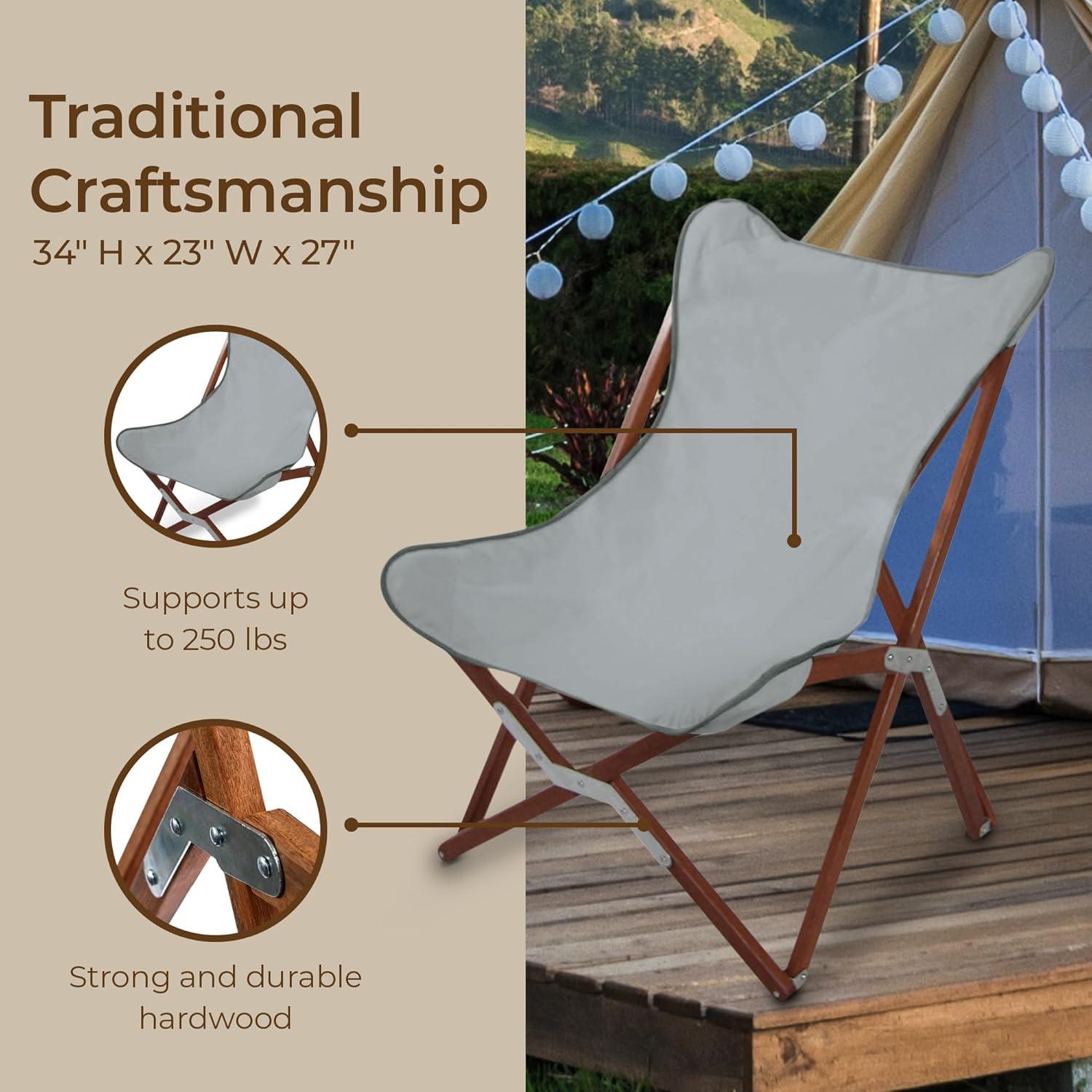 BYER OF MAINE Pangean Butterfly Chair, Easy-Fold Hardwood Sling Chair – Portable & Lightweight Beach, Camping & Patio Seat – 34″H × 23″W × 27″D in Granite