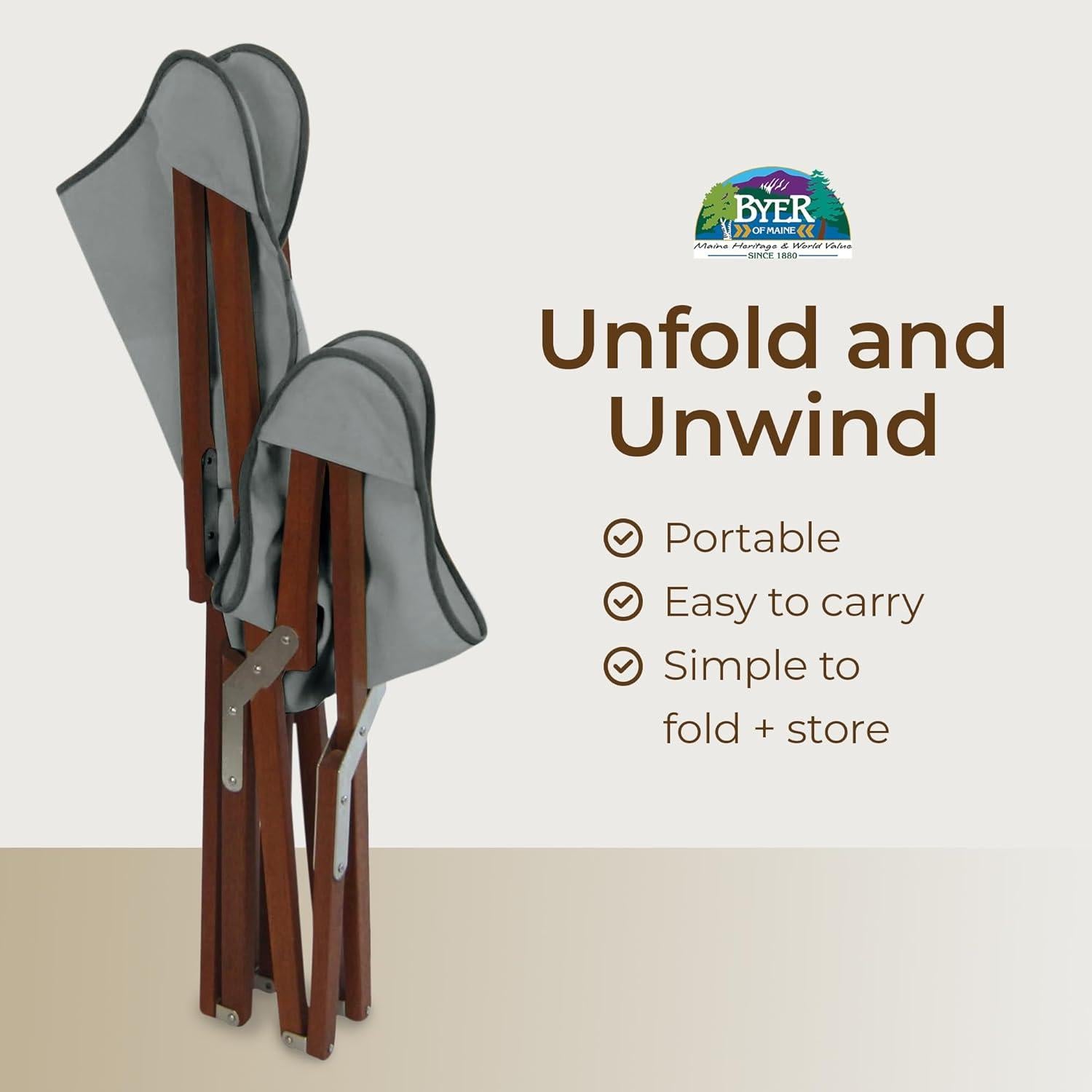 BYER OF MAINE Pangean Butterfly Chair, Easy-Fold Hardwood Sling Chair – Portable & Lightweight Beach, Camping & Patio Seat – 34″H × 23″W × 27″D in Granite