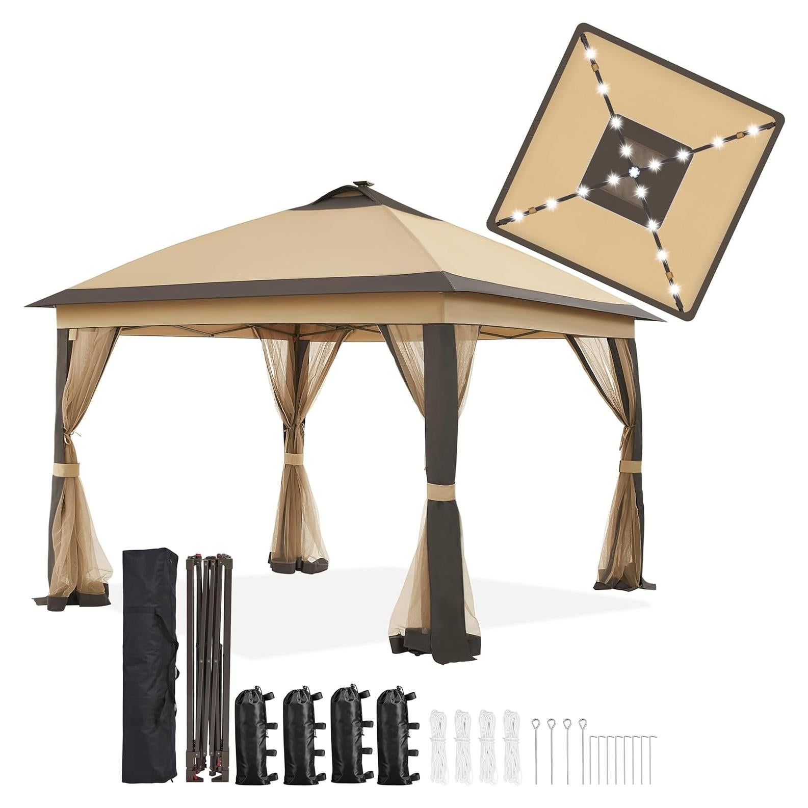 Yaheetech 11'x11' Pop Up Gazebo Instant Tent with 17 Solar LED Lights & Zippered Mesh Netting, Outdoor Shelter Sun Shade Gazebo with Sandbags for Backyard Garden Patio, Khaki & Brown