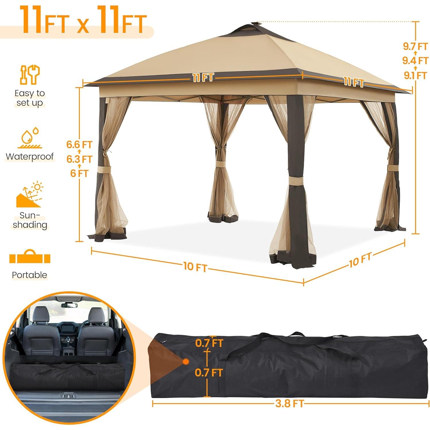 Yaheetech 11'x11' Pop Up Gazebo Instant Tent with 17 Solar LED Lights & Zippered Mesh Netting, Outdoor Shelter Sun Shade Gazebo with Sandbags for Backyard Garden Patio, Khaki & Brown