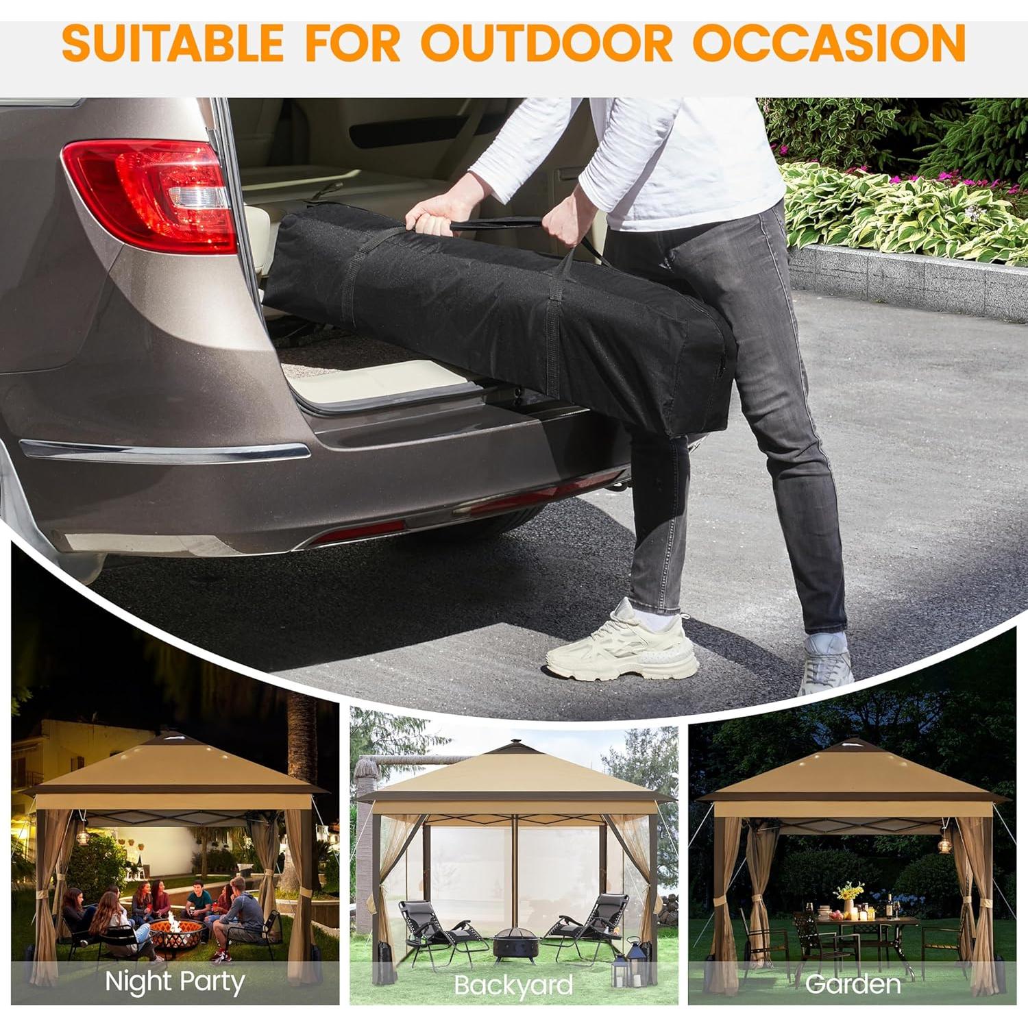 Yaheetech 11'x11' Pop Up Gazebo Instant Tent with 17 Solar LED Lights & Zippered Mesh Netting, Outdoor Shelter Sun Shade Gazebo with Sandbags for Backyard Garden Patio, Khaki & Brown