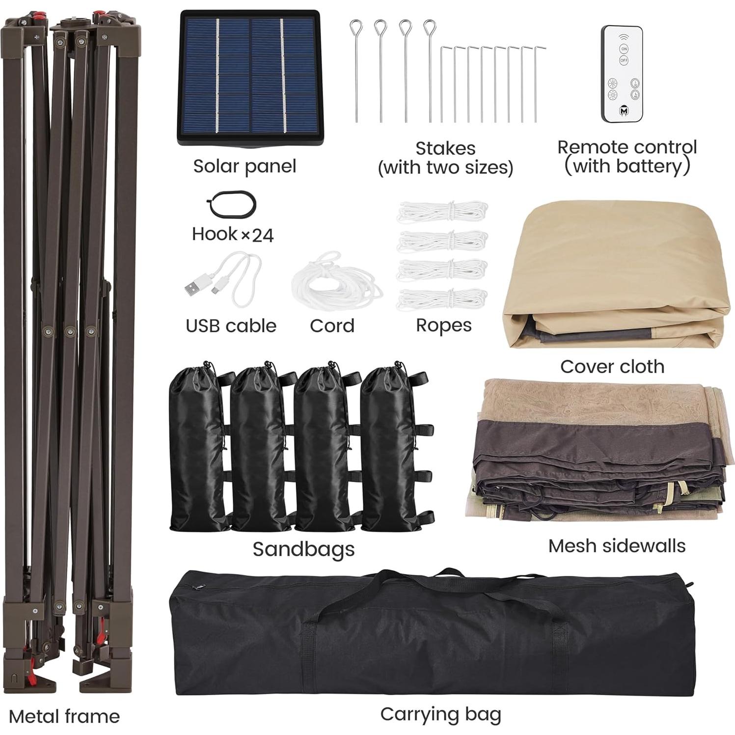 Yaheetech 11'x11' Pop Up Gazebo Instant Tent with 17 Solar LED Lights & Zippered Mesh Netting, Outdoor Shelter Sun Shade Gazebo with Sandbags for Backyard Garden Patio, Khaki & Brown