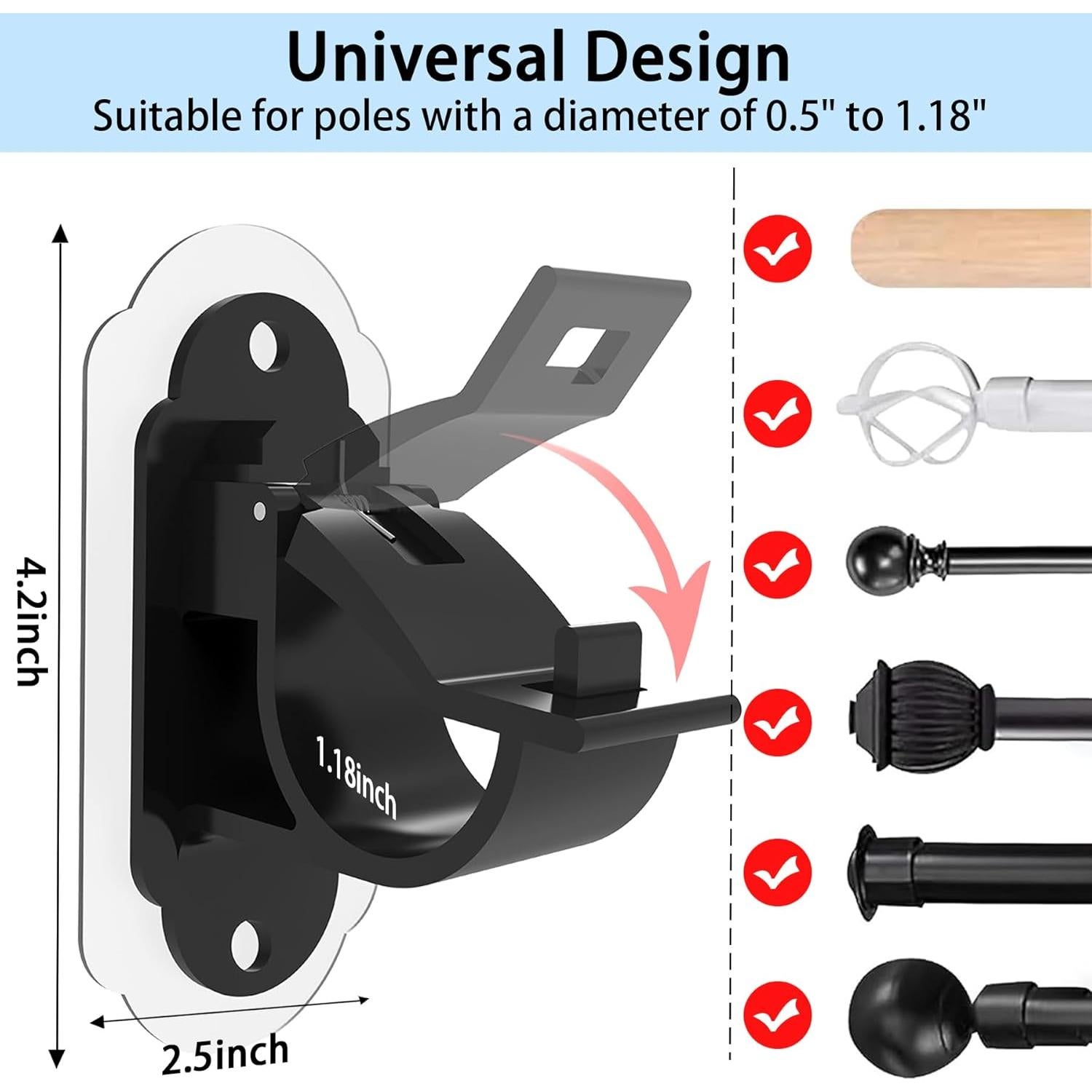 No Drill Curtain Rod Brackets， No Drill Needed Curtain Rod Holders, Adhesive Curtain Rod Holder，Multipurpose Nail Free Stick on Curtain Rod Hooks Self Adhesive Rod Holder Hooks（Black 4Pcs）