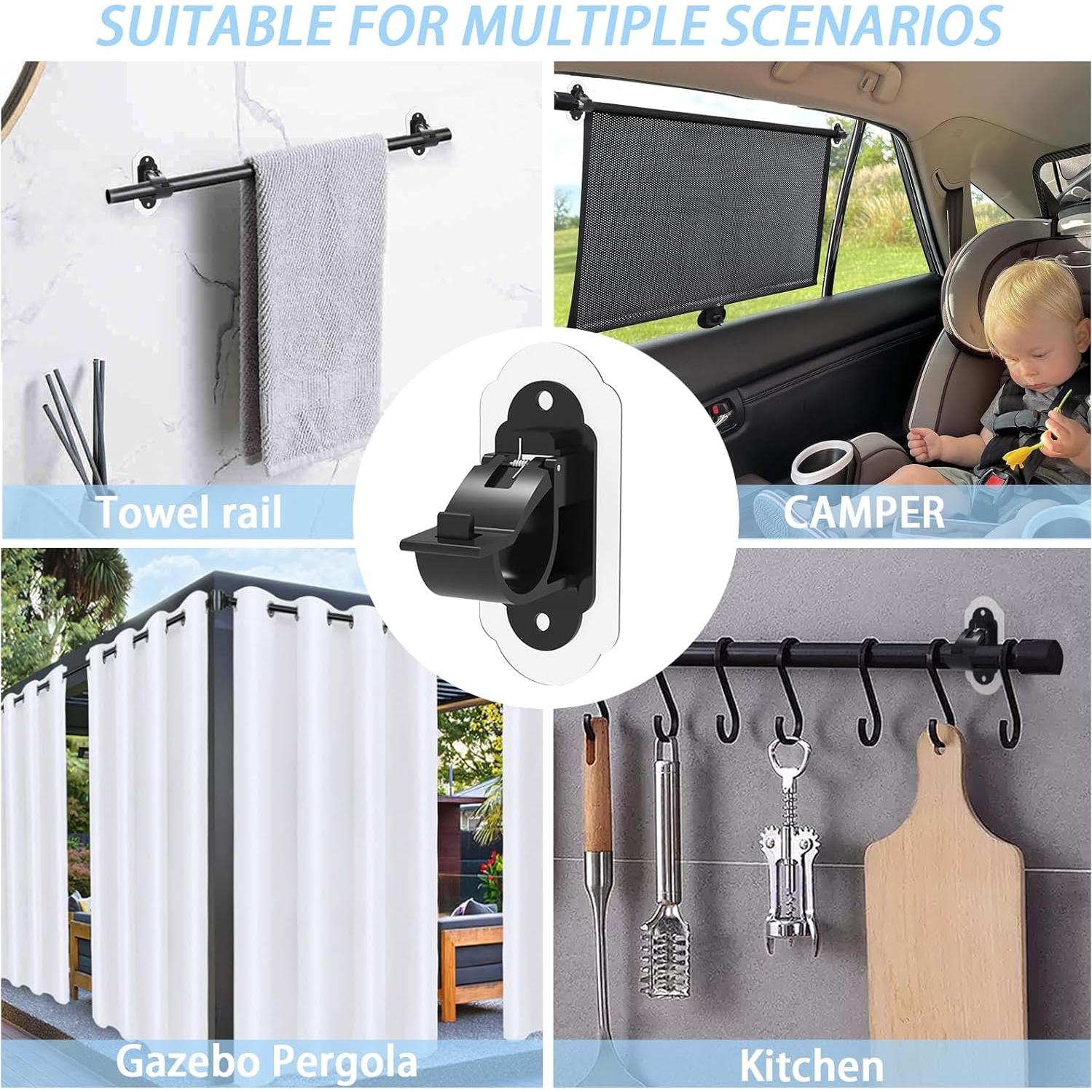 No Drill Curtain Rod Brackets， No Drill Needed Curtain Rod Holders, Adhesive Curtain Rod Holder，Multipurpose Nail Free Stick on Curtain Rod Hooks Self Adhesive Rod Holder Hooks（Black 4Pcs）