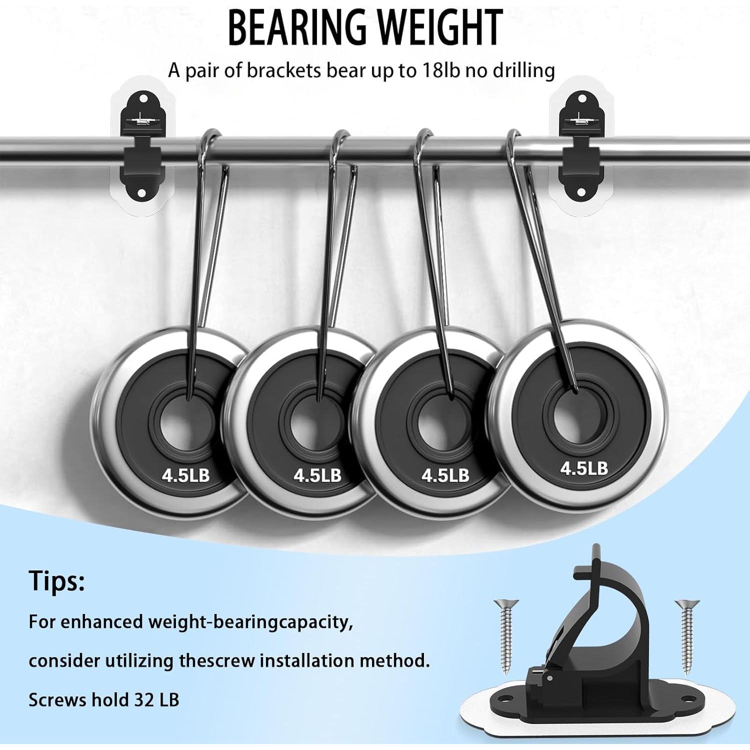 No Drill Curtain Rod Brackets， No Drill Needed Curtain Rod Holders, Adhesive Curtain Rod Holder，Multipurpose Nail Free Stick on Curtain Rod Hooks Self Adhesive Rod Holder Hooks（Black 4Pcs）