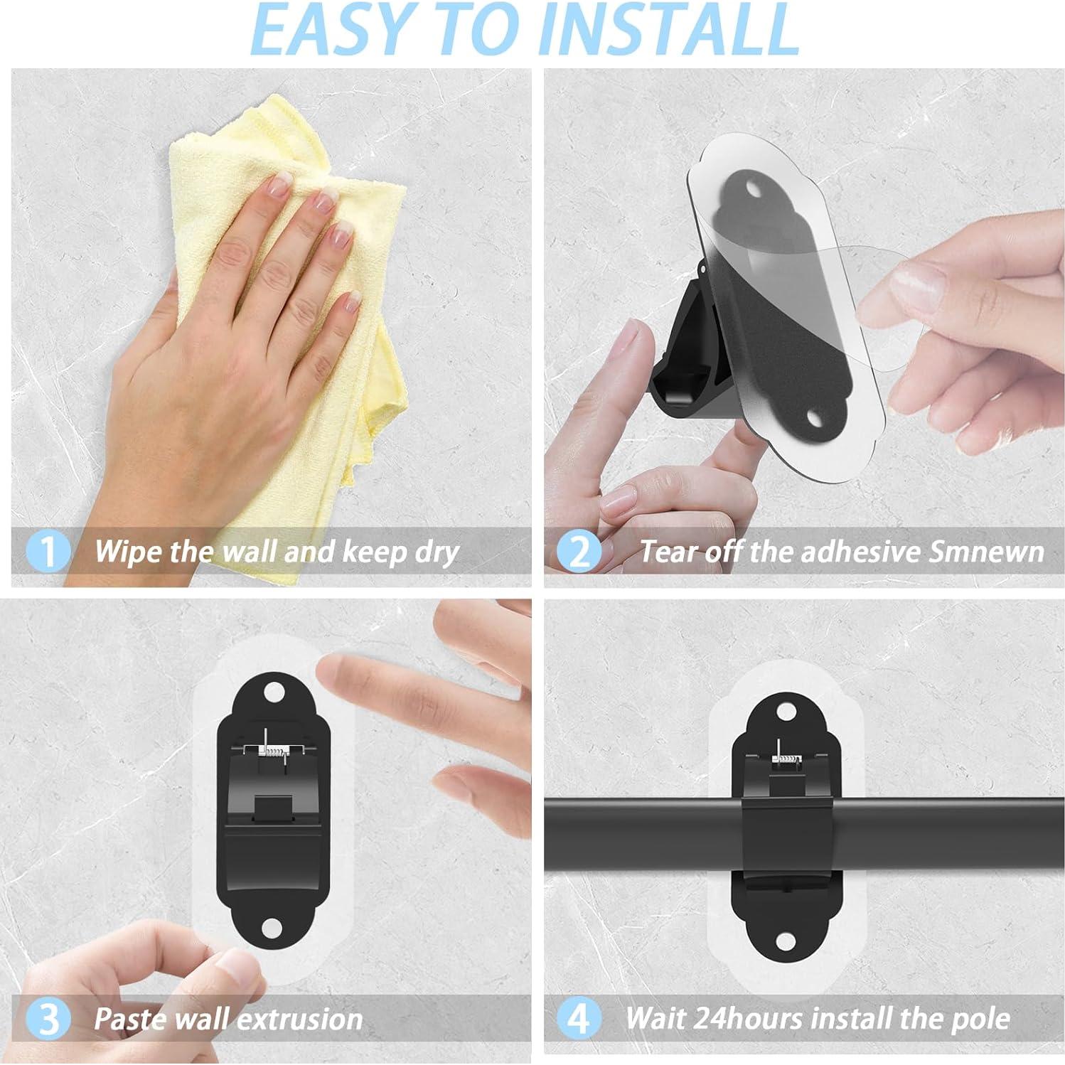 No Drill Curtain Rod Brackets， No Drill Needed Curtain Rod Holders, Adhesive Curtain Rod Holder，Multipurpose Nail Free Stick on Curtain Rod Hooks Self Adhesive Rod Holder Hooks（Black 4Pcs）