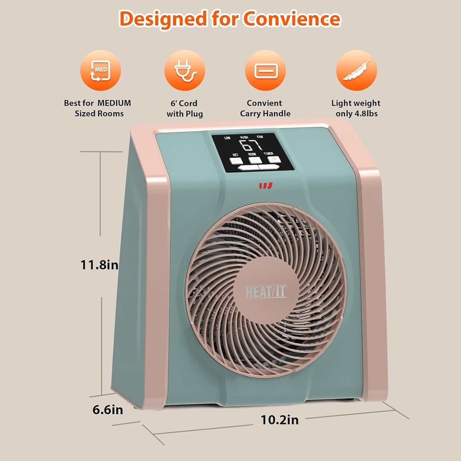 Calentador Eléctrico HEATIT 1500W con Termostato Digital Cian