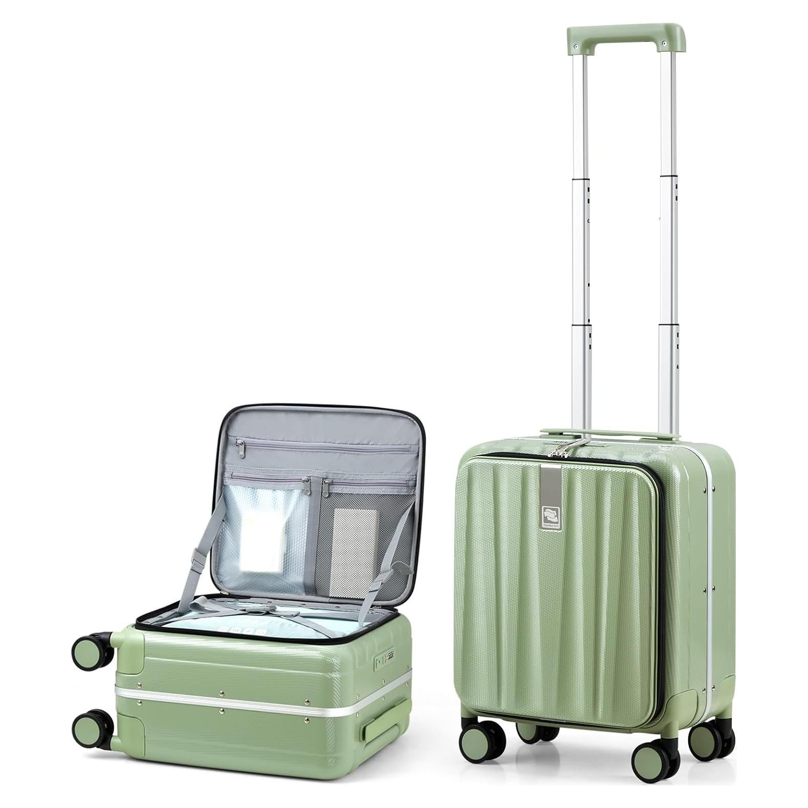 Hanke 16 Inch Underseat Carry On Luggage with Wheels,Small Hard Shell Suitcases for Weekender,Top Opening Lightweight Travel Luggage Suitcase for Womem Men,Bamboo Green.