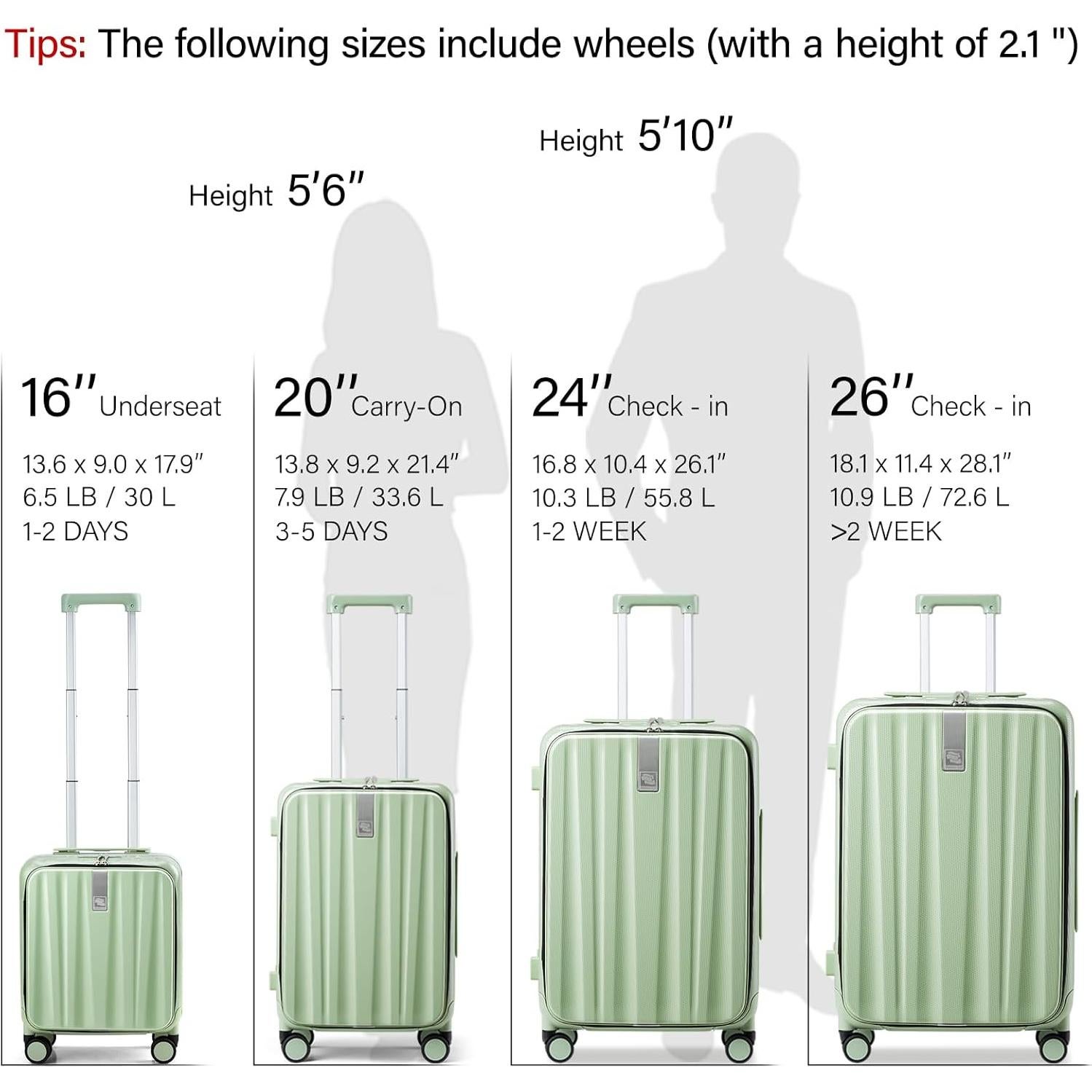 Hanke 16 Inch Underseat Carry On Luggage with Wheels,Small Hard Shell Suitcases for Weekender,Top Opening Lightweight Travel Luggage Suitcase for Womem Men,Bamboo Green.