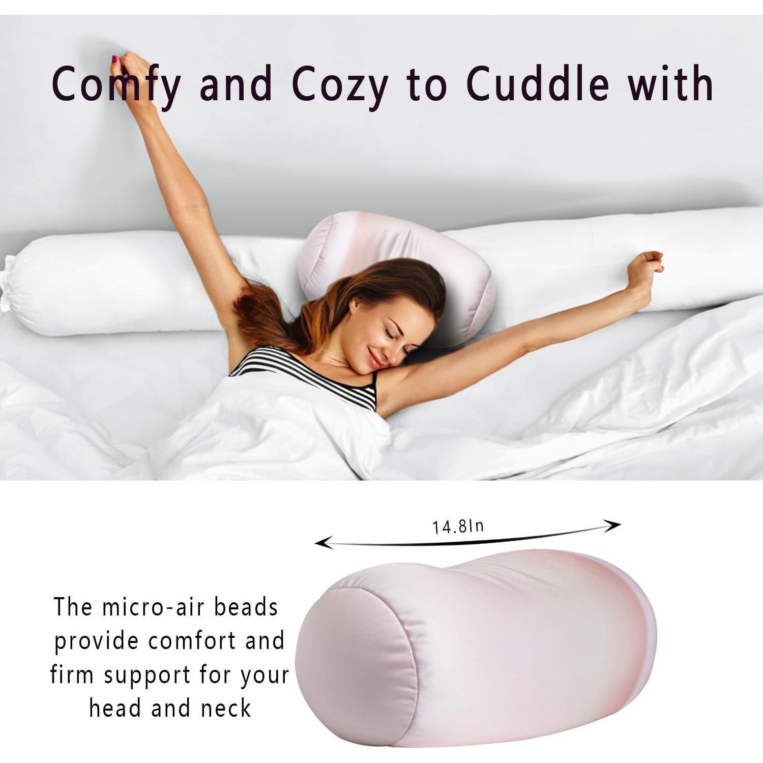 Squish Bean Bed Microbead Pillow Bolster Tube Body Pillow Smooth Cool Touch Fabric Neck & Back Support Throw Travel Pillow Fun Colors (Beige Light Colorful)