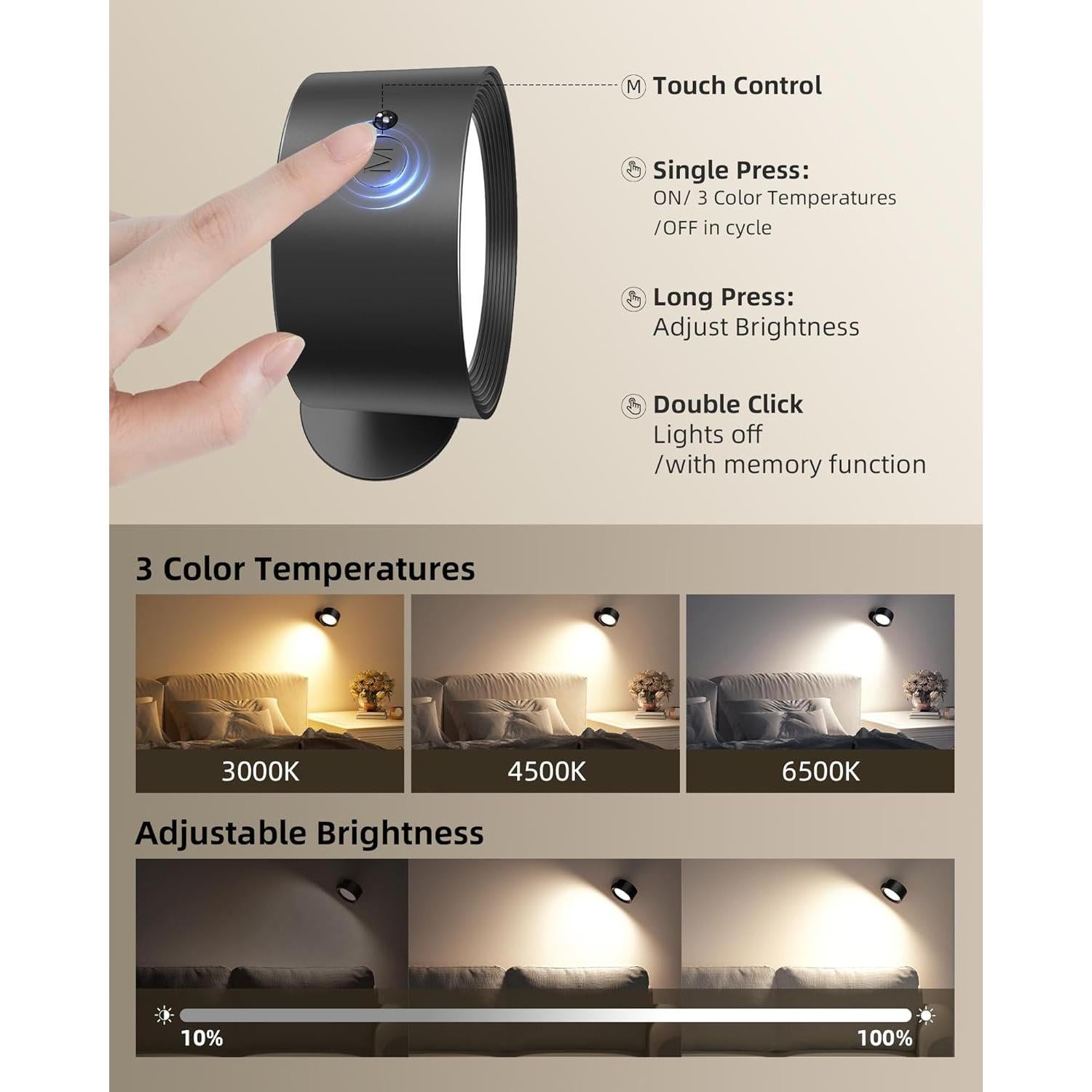 Lámpara de Pared LED Recargable AMETHEUS 2 Paquete Negro