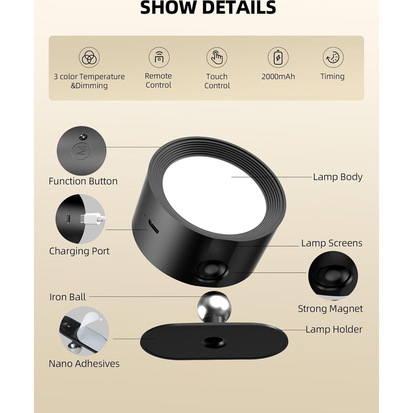 Lámpara de Pared LED Recargable AMETHEUS 2 Paquete Negro