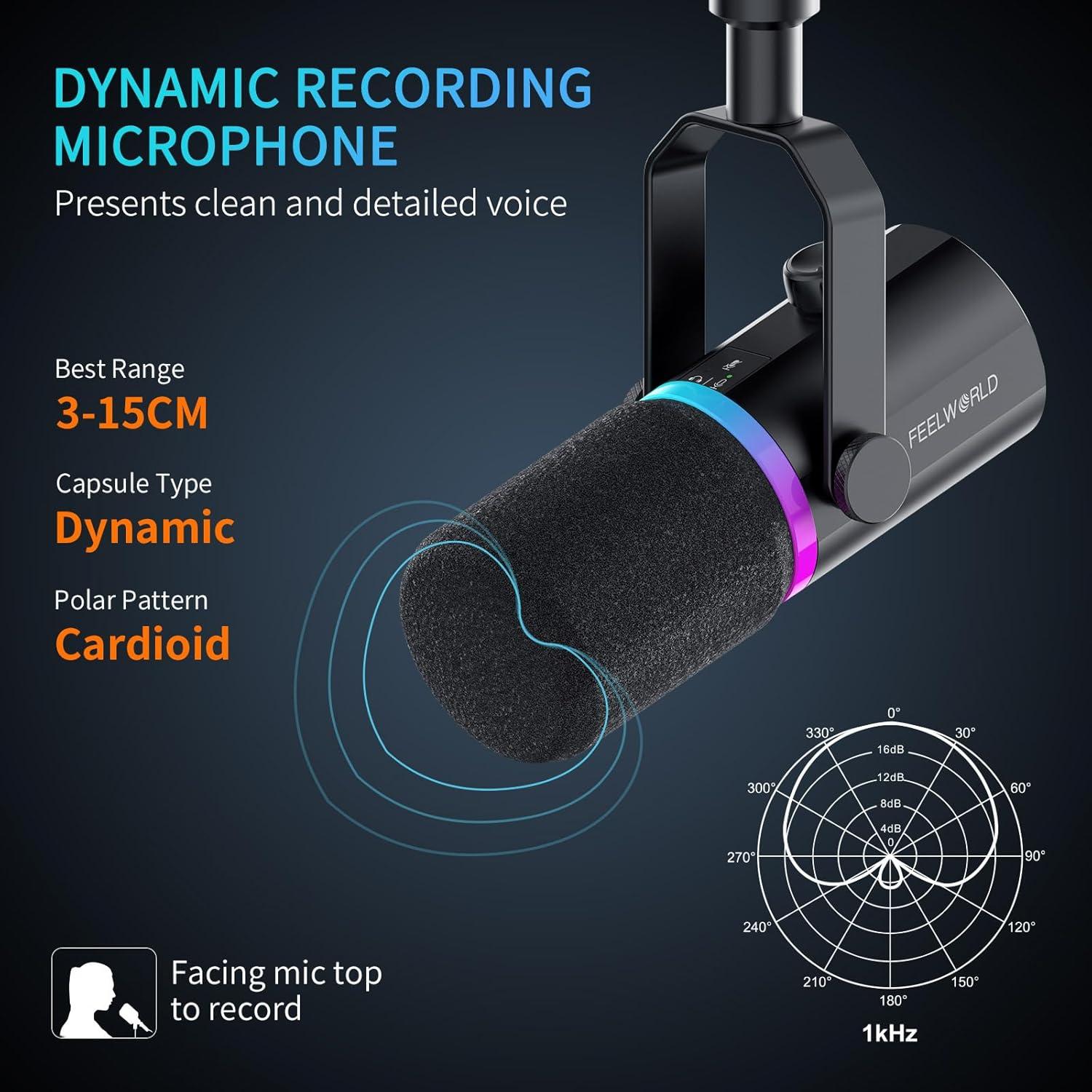 FEELWORLD PM1 XLR USB Dynamic Microphone Gifts for Podcast Recording PC Computer Gaming Live Streaming Vocal Voice-Over, Studio Metal Mic with Voice-Isolating, RGB Light, Mute Button, Headphones Jack