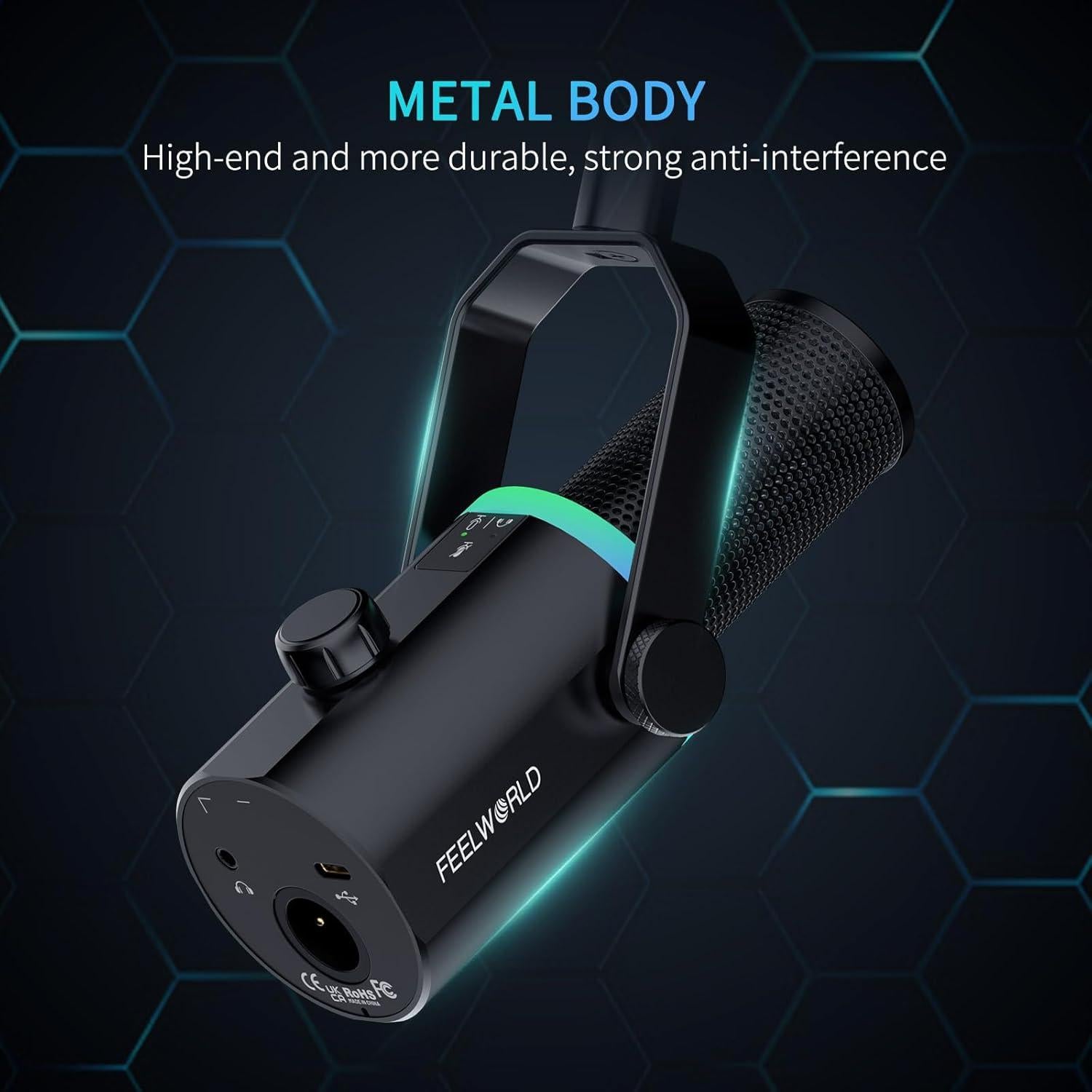 FEELWORLD PM1 XLR USB Dynamic Microphone Gifts for Podcast Recording PC Computer Gaming Live Streaming Vocal Voice-Over, Studio Metal Mic with Voice-Isolating, RGB Light, Mute Button, Headphones Jack