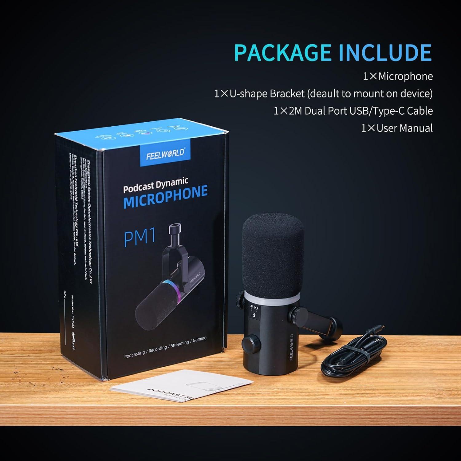 FEELWORLD PM1 XLR USB Dynamic Microphone Gifts for Podcast Recording PC Computer Gaming Live Streaming Vocal Voice-Over, Studio Metal Mic with Voice-Isolating, RGB Light, Mute Button, Headphones Jack