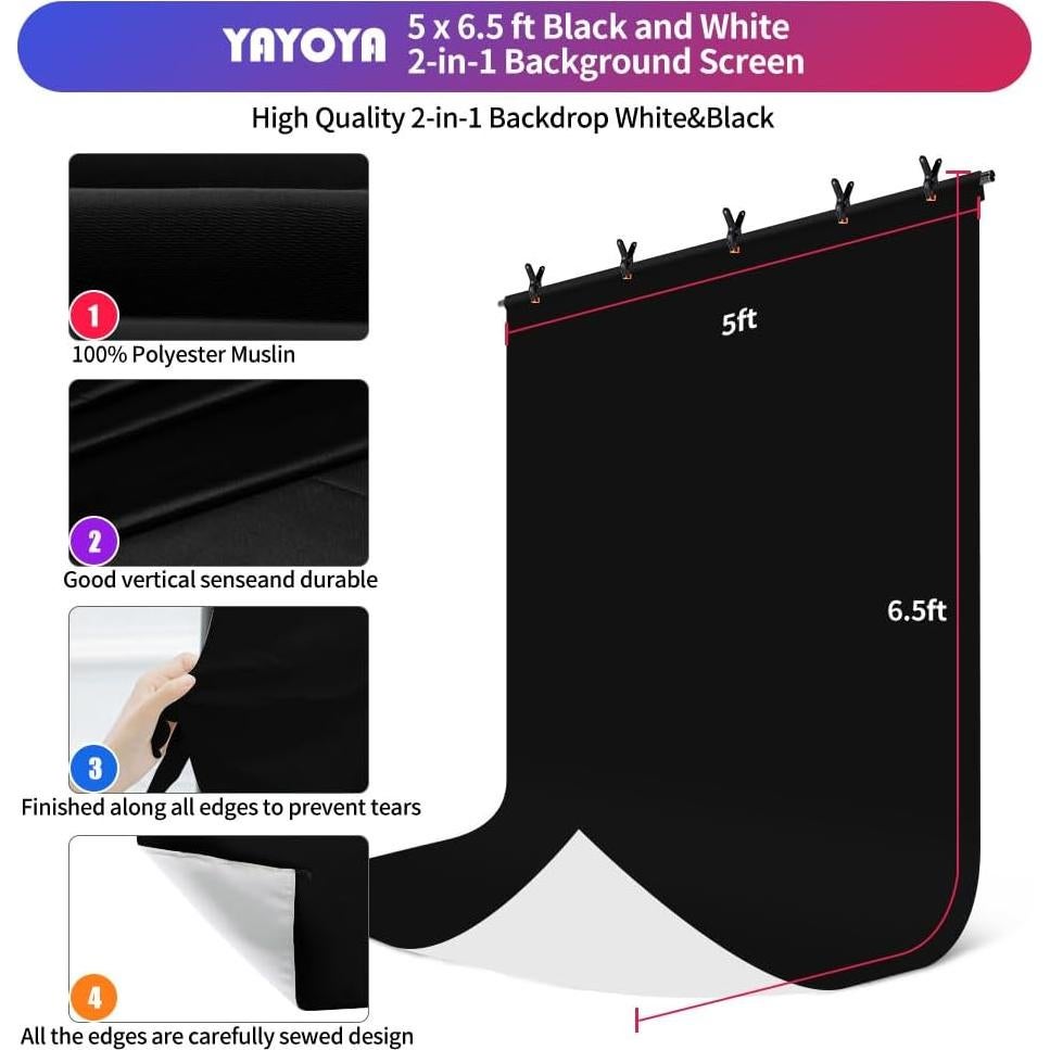 Kit Pantalla de Fondo 2-en-1 YAYOYA Negra Blanca 5x2m con Soporte