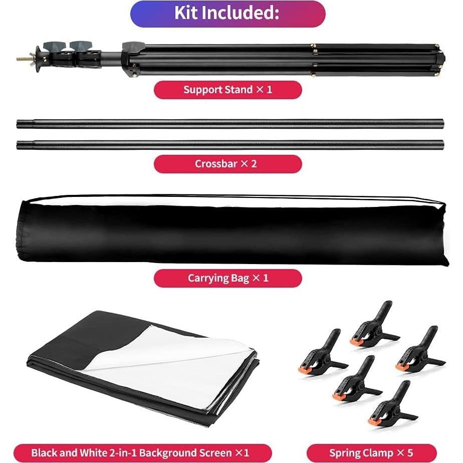 Kit Pantalla de Fondo 2-en-1 YAYOYA Negra Blanca 5x2m con Soporte