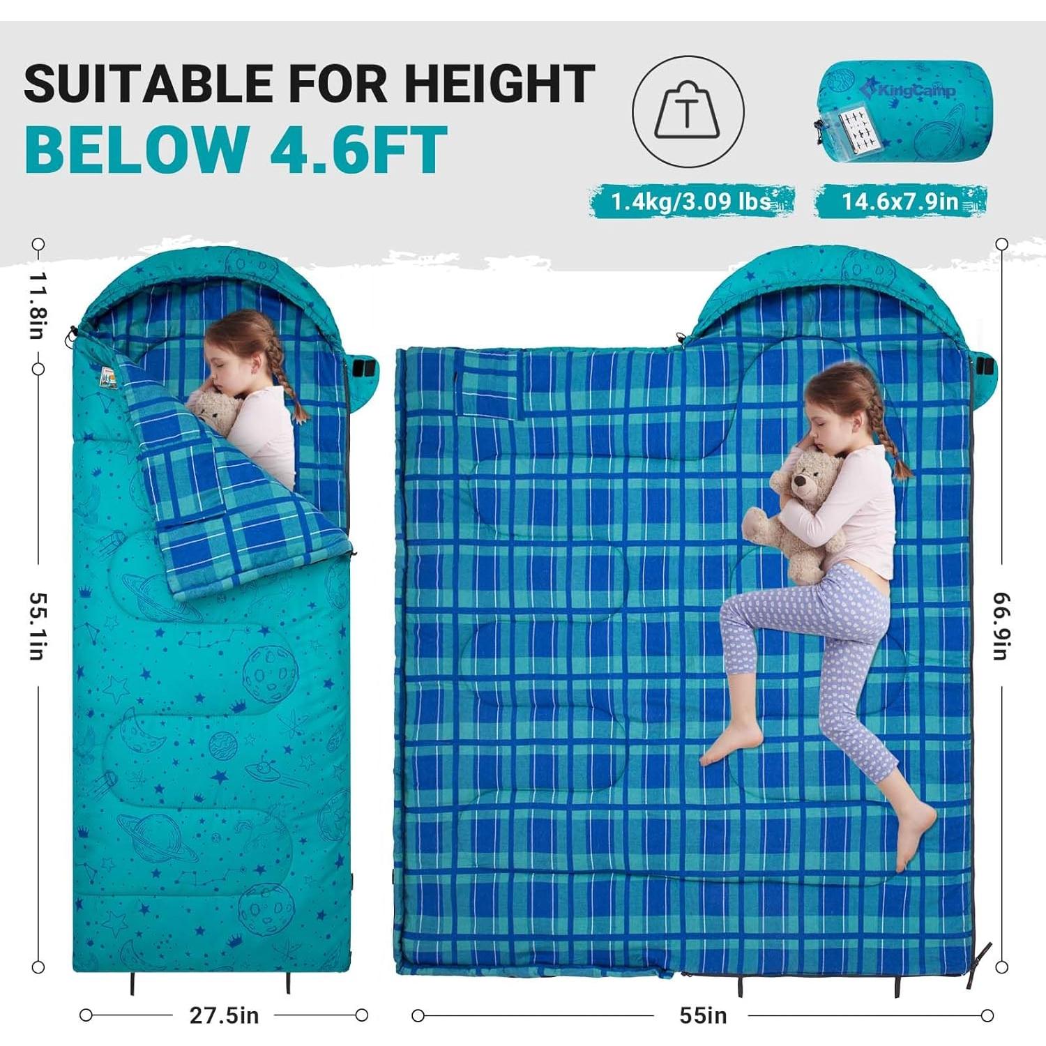 Saco de Dormir KingCamp para Niños 7°C Impermeable 170x70cm