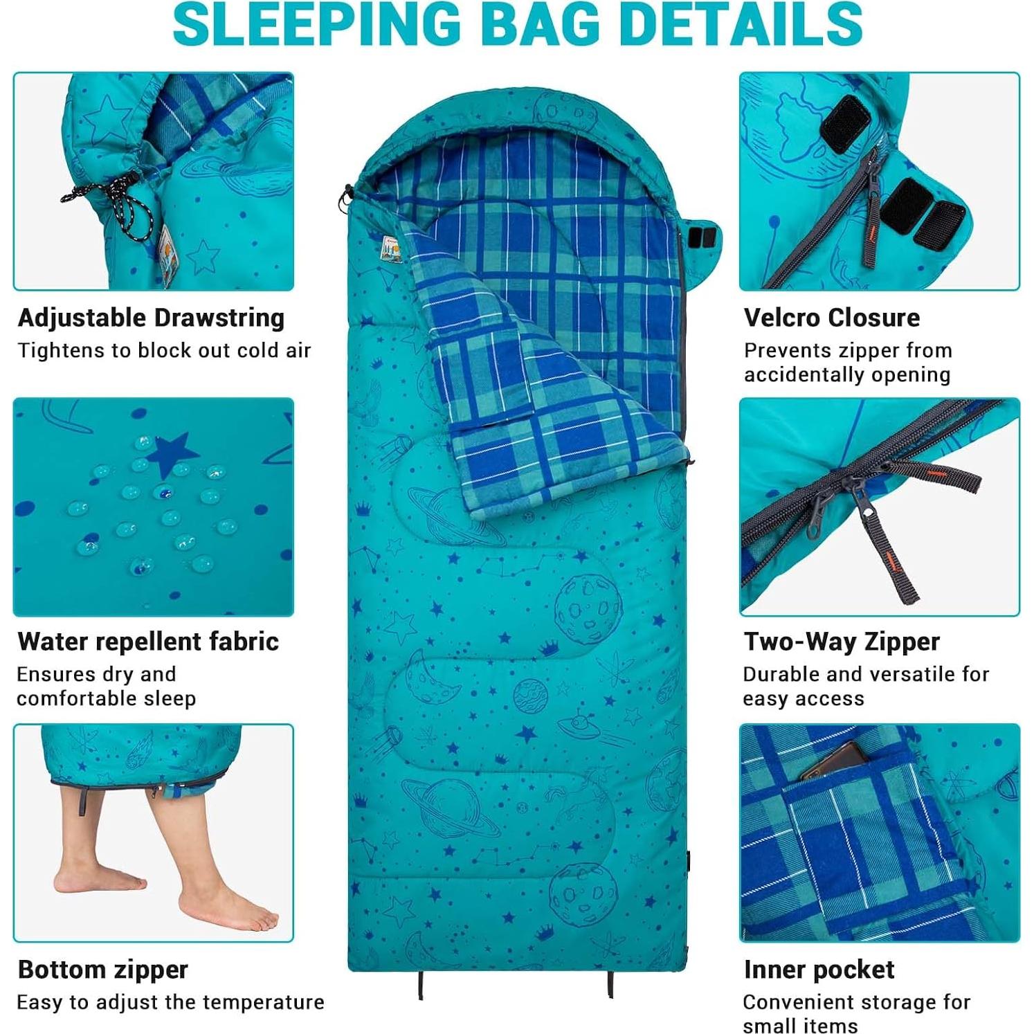 Saco de Dormir KingCamp para Niños 7°C Impermeable 170x70cm