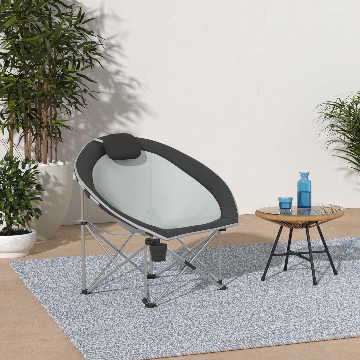 FUNDANGO Oversized Folding Camping Chair Moon Chair for Adults with Headrest, Cup Holder, Carry Bag, Portable Round Chair for Outdoor Hiking, Fishing, Picnic, Camp, Lawn