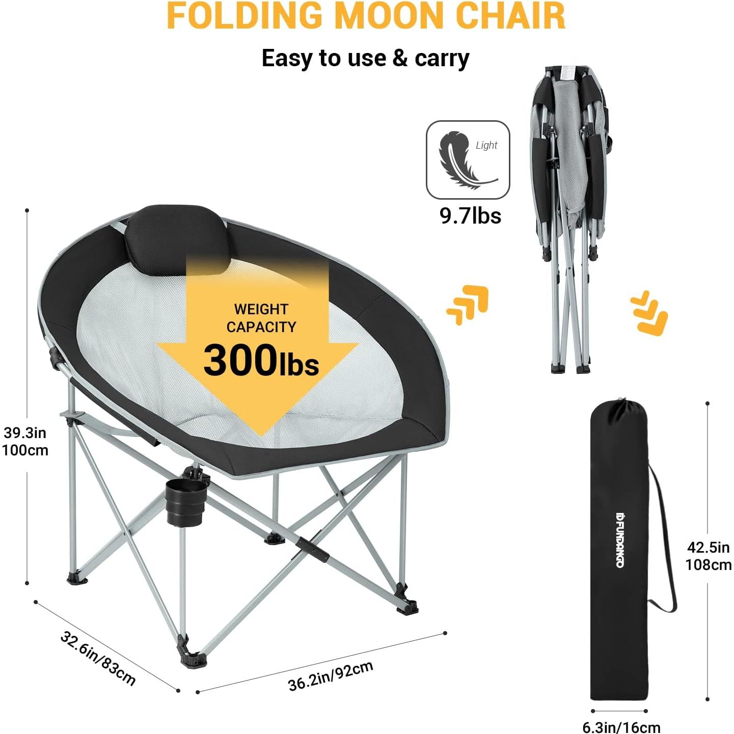 FUNDANGO Oversized Folding Camping Chair Moon Chair for Adults with Headrest, Cup Holder, Carry Bag, Portable Round Chair for Outdoor Hiking, Fishing, Picnic, Camp, Lawn
