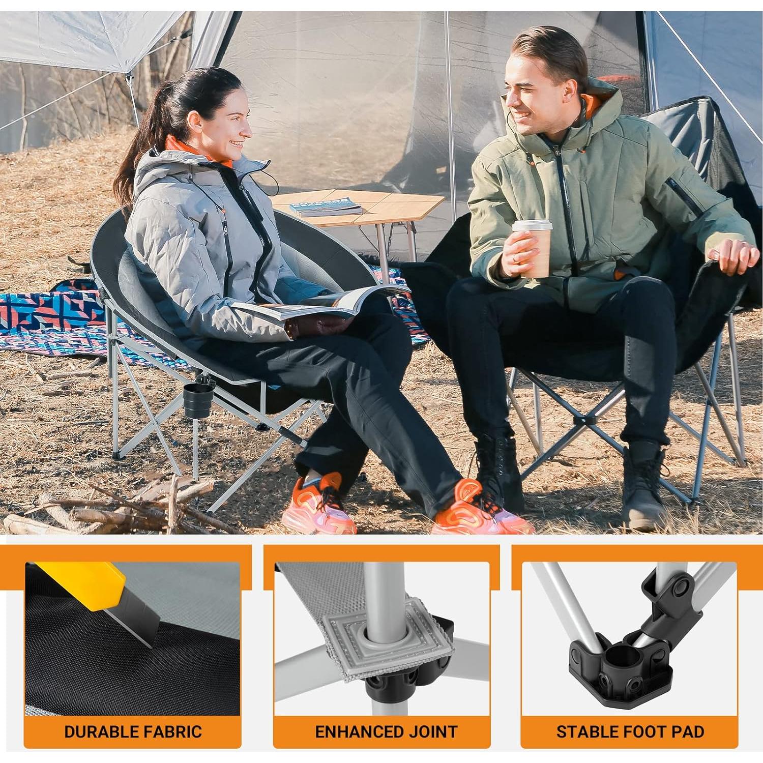 FUNDANGO Oversized Folding Camping Chair Moon Chair for Adults with Headrest, Cup Holder, Carry Bag, Portable Round Chair for Outdoor Hiking, Fishing, Picnic, Camp, Lawn