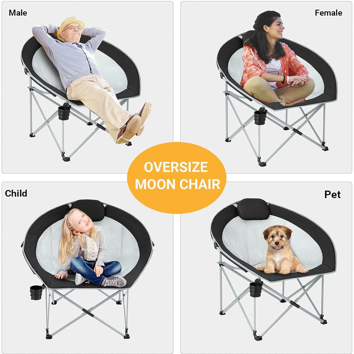 FUNDANGO Oversized Folding Camping Chair Moon Chair for Adults with Headrest, Cup Holder, Carry Bag, Portable Round Chair for Outdoor Hiking, Fishing, Picnic, Camp, Lawn