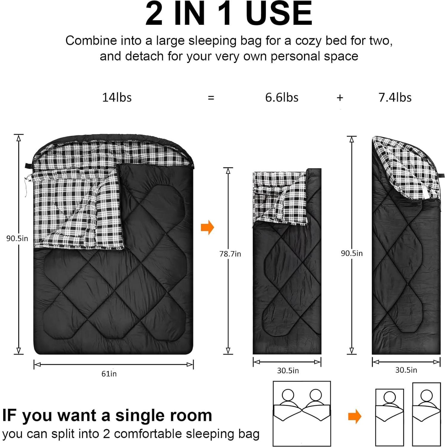 Saco de Dormir Doble AGEMORE 0°C para 2 Personas - Invierno