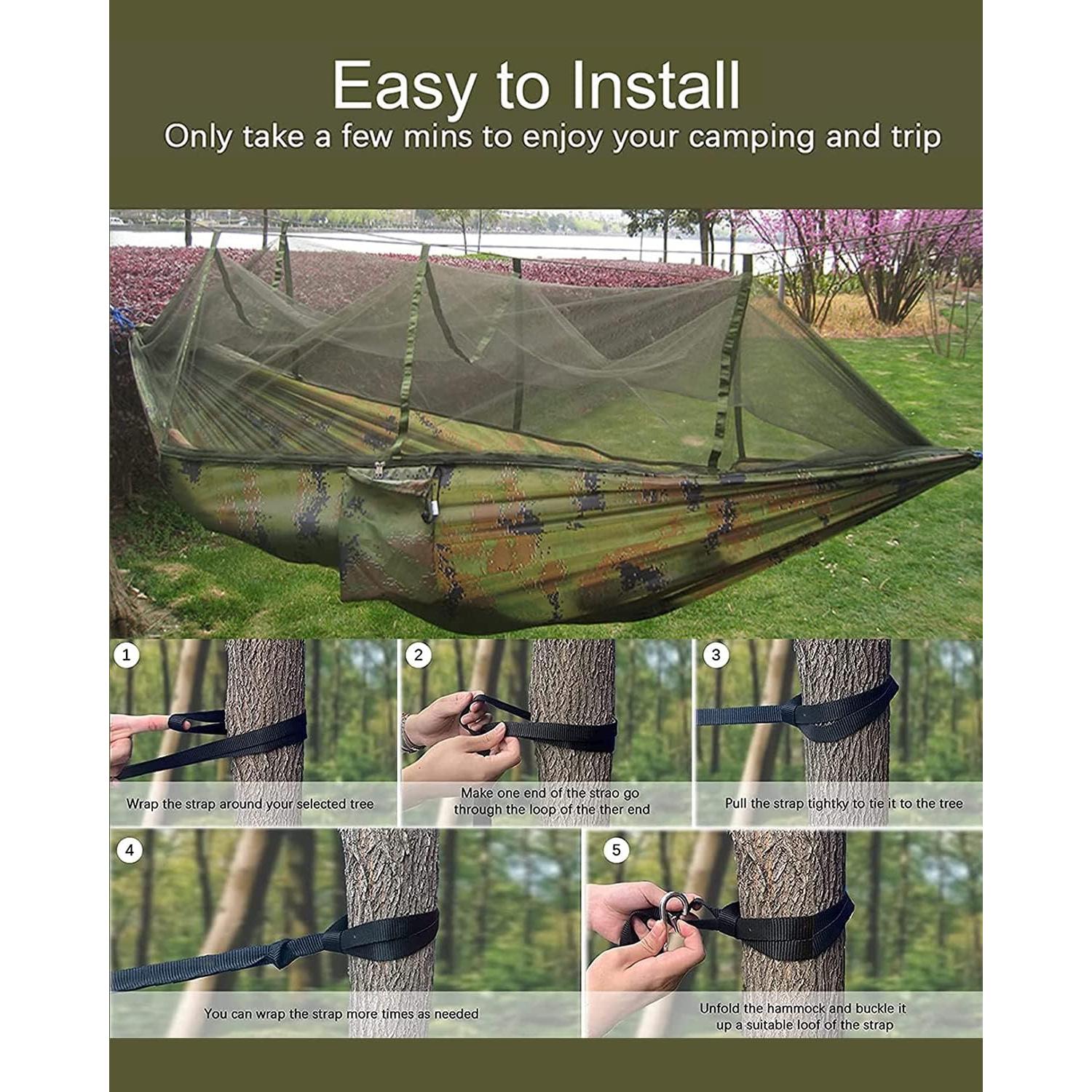 Camping Hammock with Mosquito Net - Ultra Lightweight Durable Double/Single Travel Hammock 210T Parachute Nylon with Tree Straps 660lbs Capacity for Garden Camping Backpacking, Camo