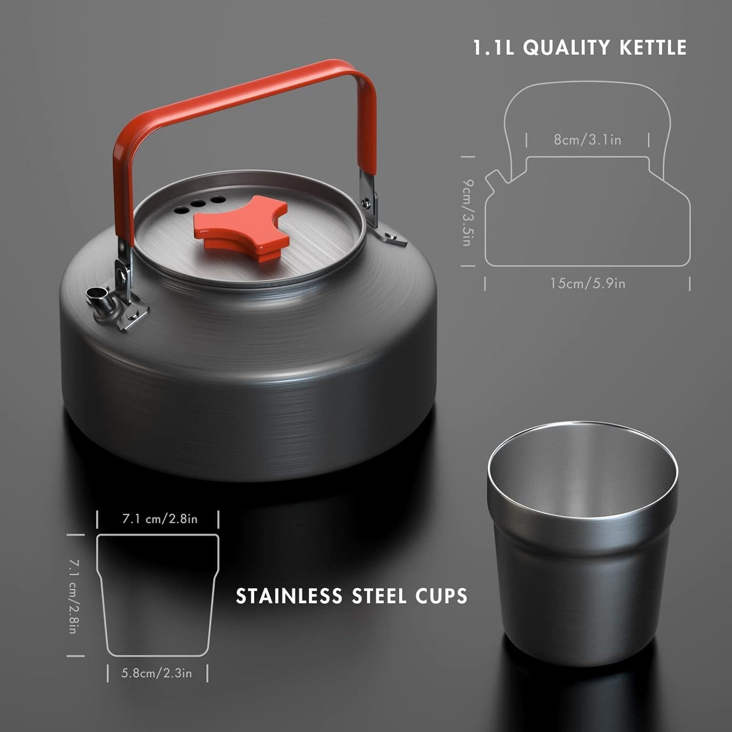 Juego de Tetera de Camping Lixada 1.1L con 2 Tazas de Acero