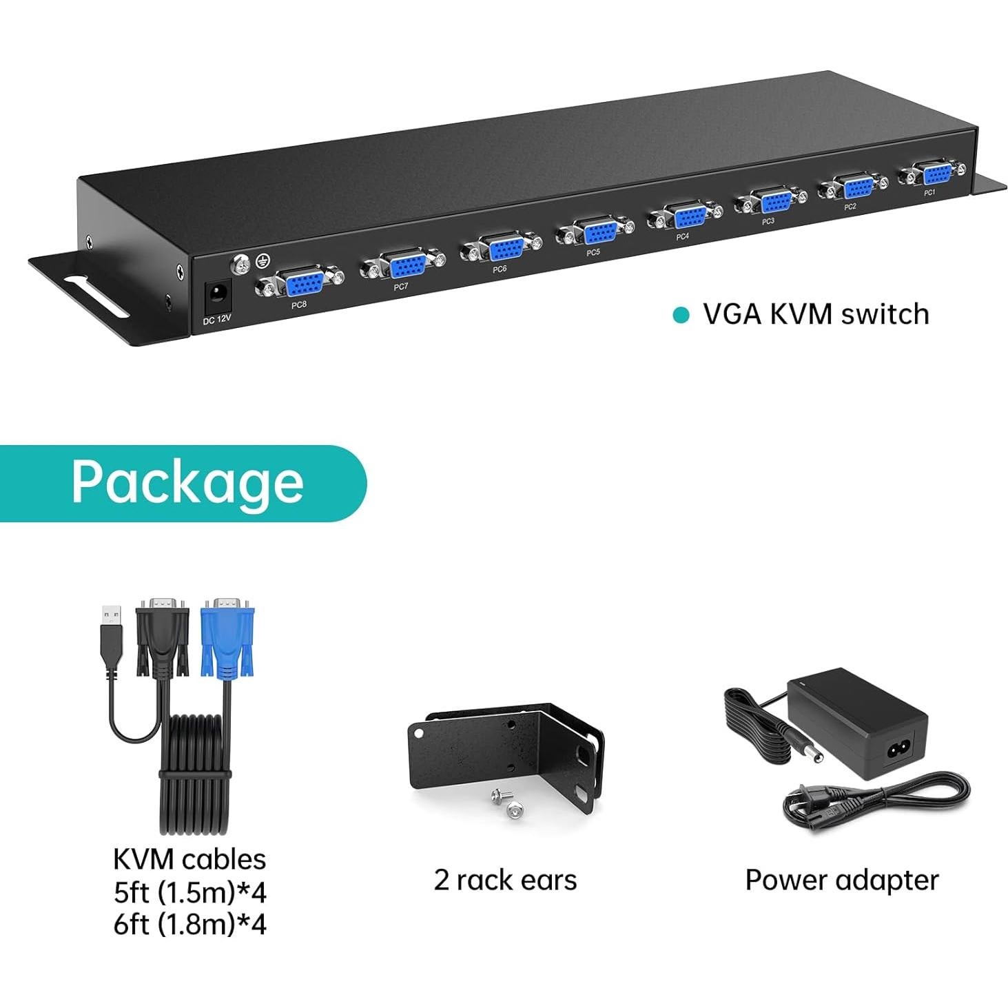 Interruptor KVM 8 Puertos MT-VIKI VGA + 8 Cables 1.5m y 1.8m