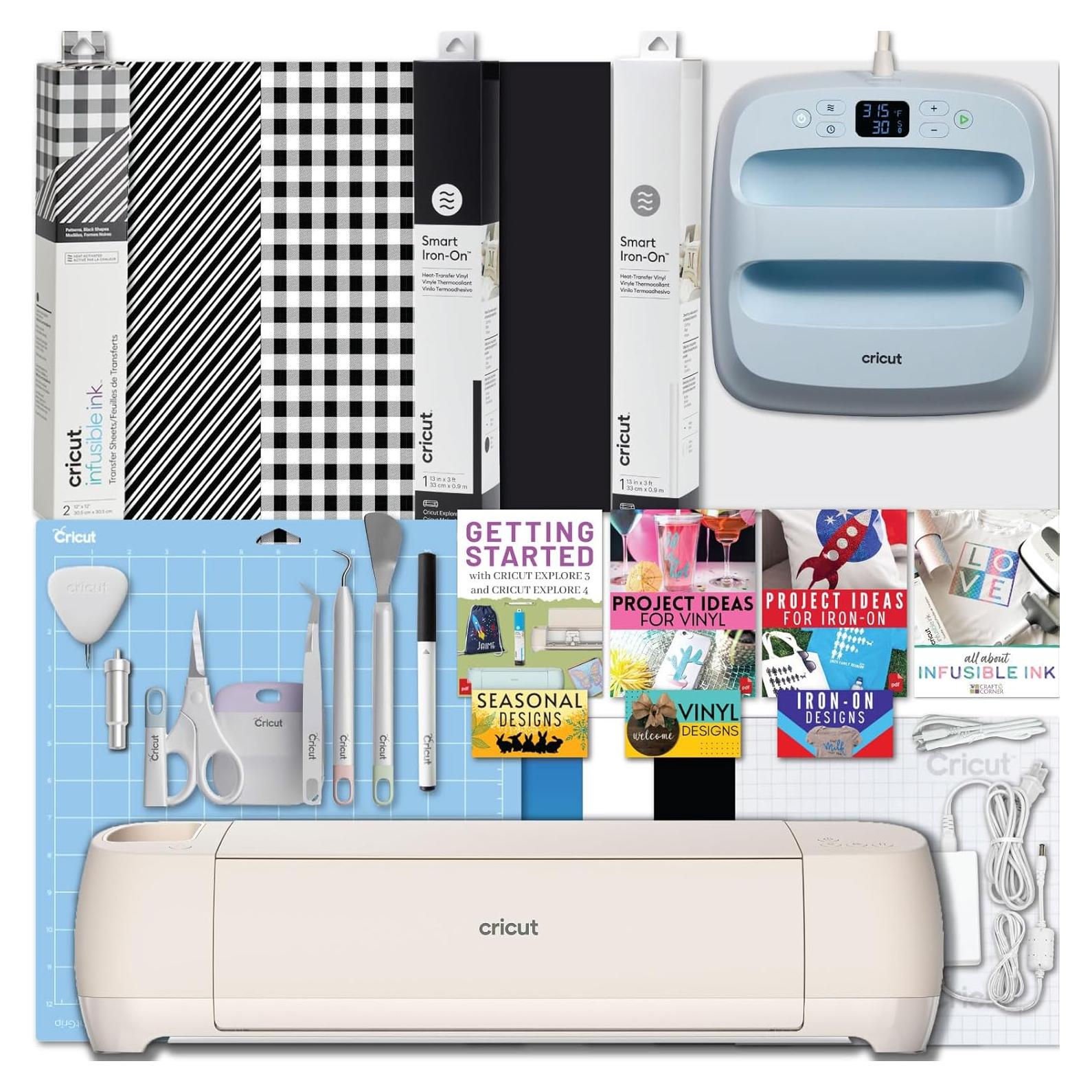 Cricut Explore 4 and Easy Press 3 Machine Combo Bundle - Craft Cutting Machine with Heat Press Machine (9 in x 9 in) and Iron-on Materials for DIY T-shirts, Tote Bags and Hoodies, Sublimation Projects