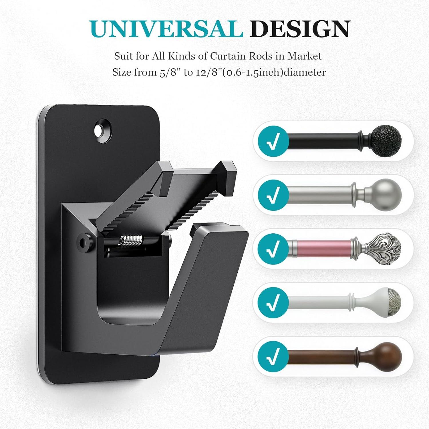 3M Adhesive No Drill Curtain Rod Brackets - Heavy Duty 30LB Holders for Bathroom Bedroom Kitchen, Universal Damage-Free Window Rod Hooks with Nail-Free Installation (2PC Black)