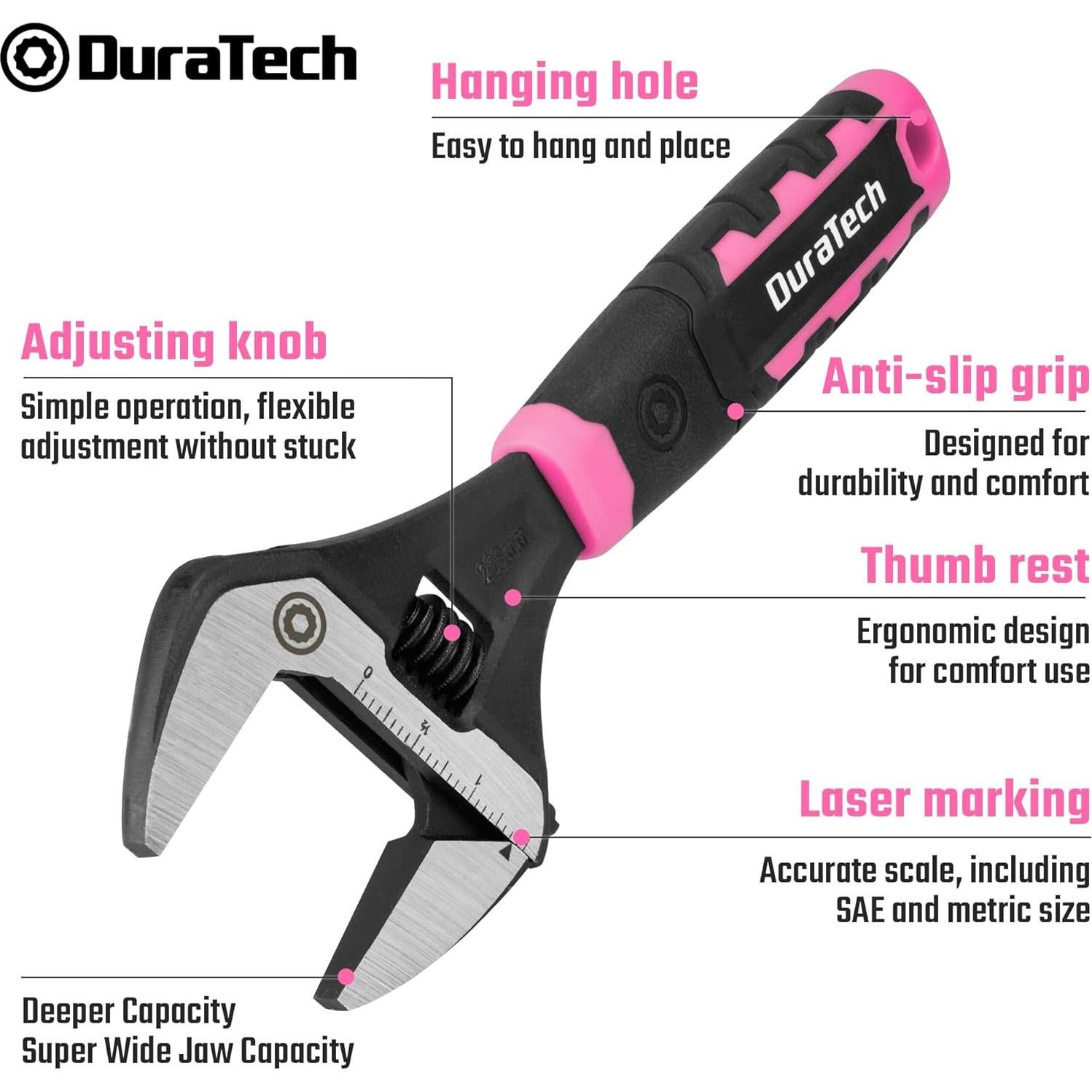 Llave Ajustable DURATECH 8 Pulgadas Acero CR-V Boca Ancha