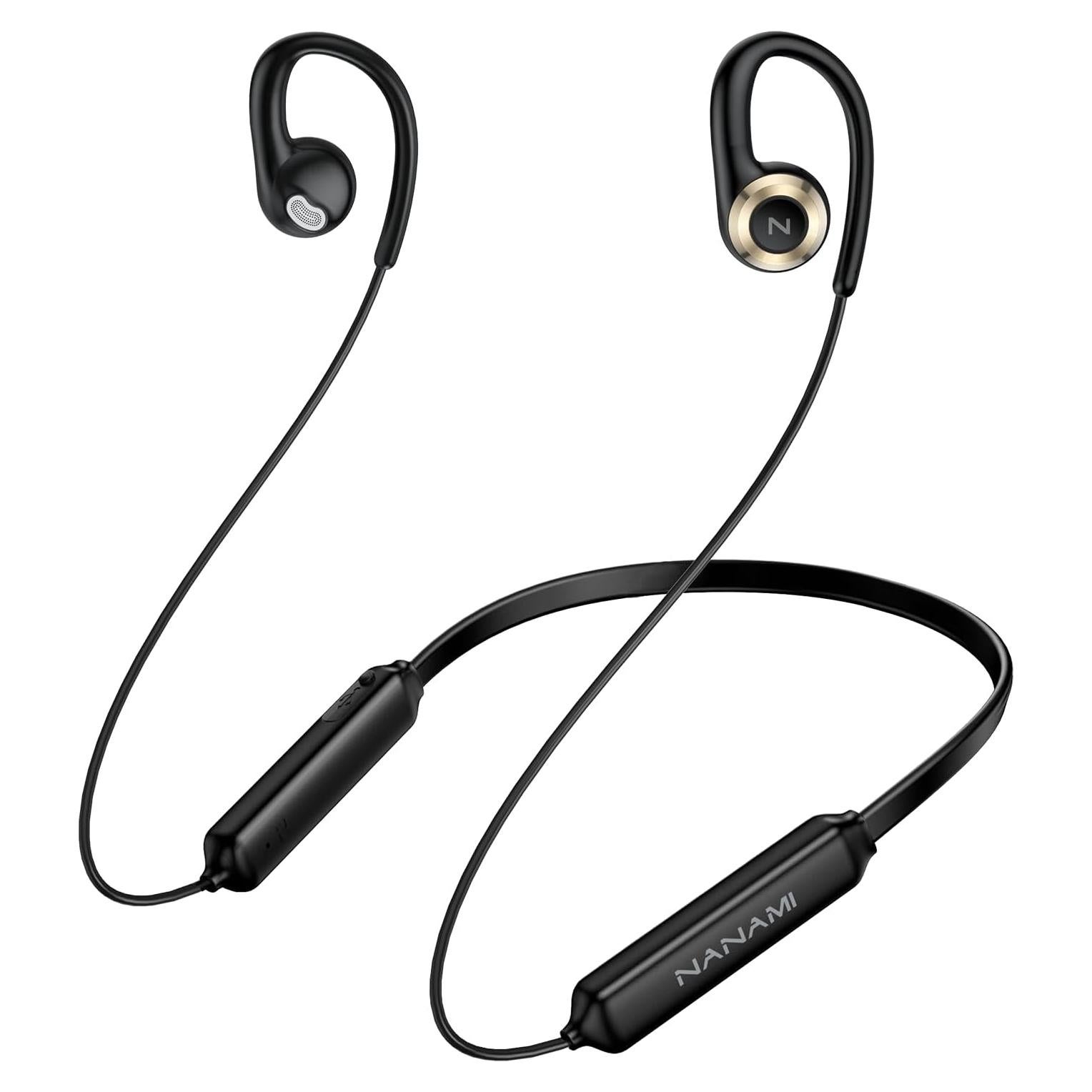 NANAMI Open Ear Headphones, Wireless Headphones Bluetooth Earbuds 15H Playtime, Crisp Stereo Sound Headset, IPX5 Waterproof Sports Neckband, Bluetooth 5.3 Earphones with Earhooks for Podcast Audio