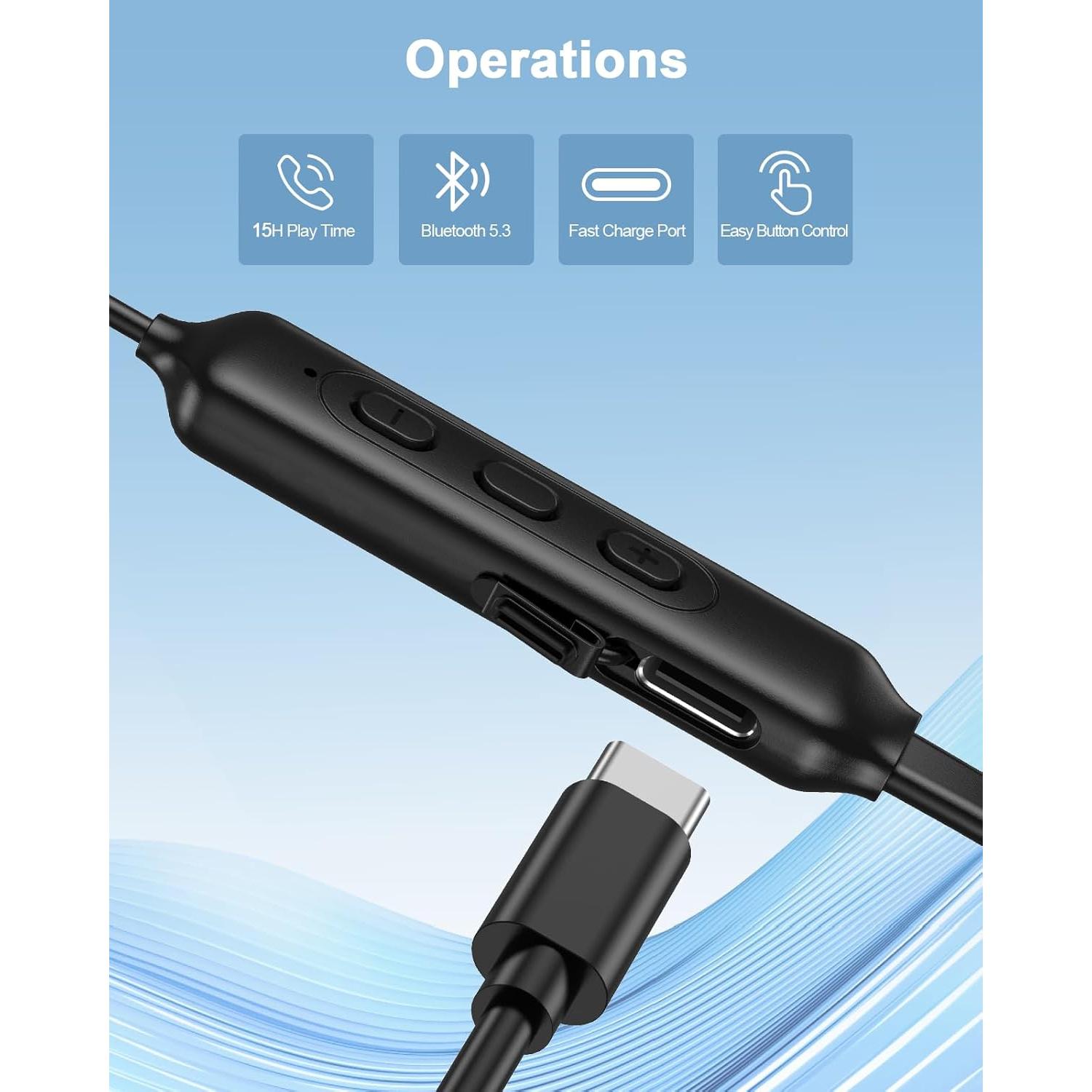 NANAMI Open Ear Headphones, Wireless Headphones Bluetooth Earbuds 15H Playtime, Crisp Stereo Sound Headset, IPX5 Waterproof Sports Neckband, Bluetooth 5.3 Earphones with Earhooks for Podcast Audio